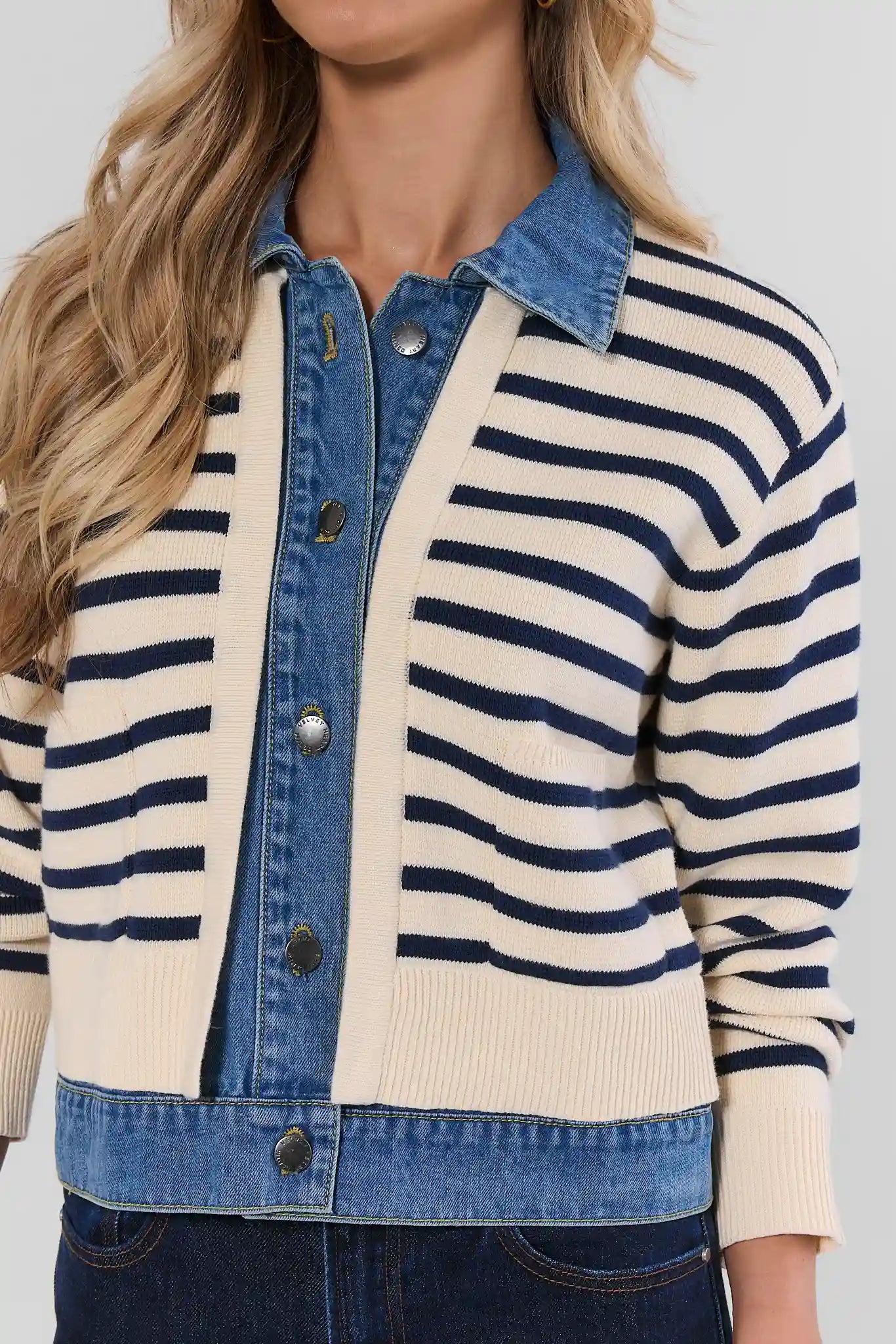 Asher Ivory Striped Denim Trim Cardigan