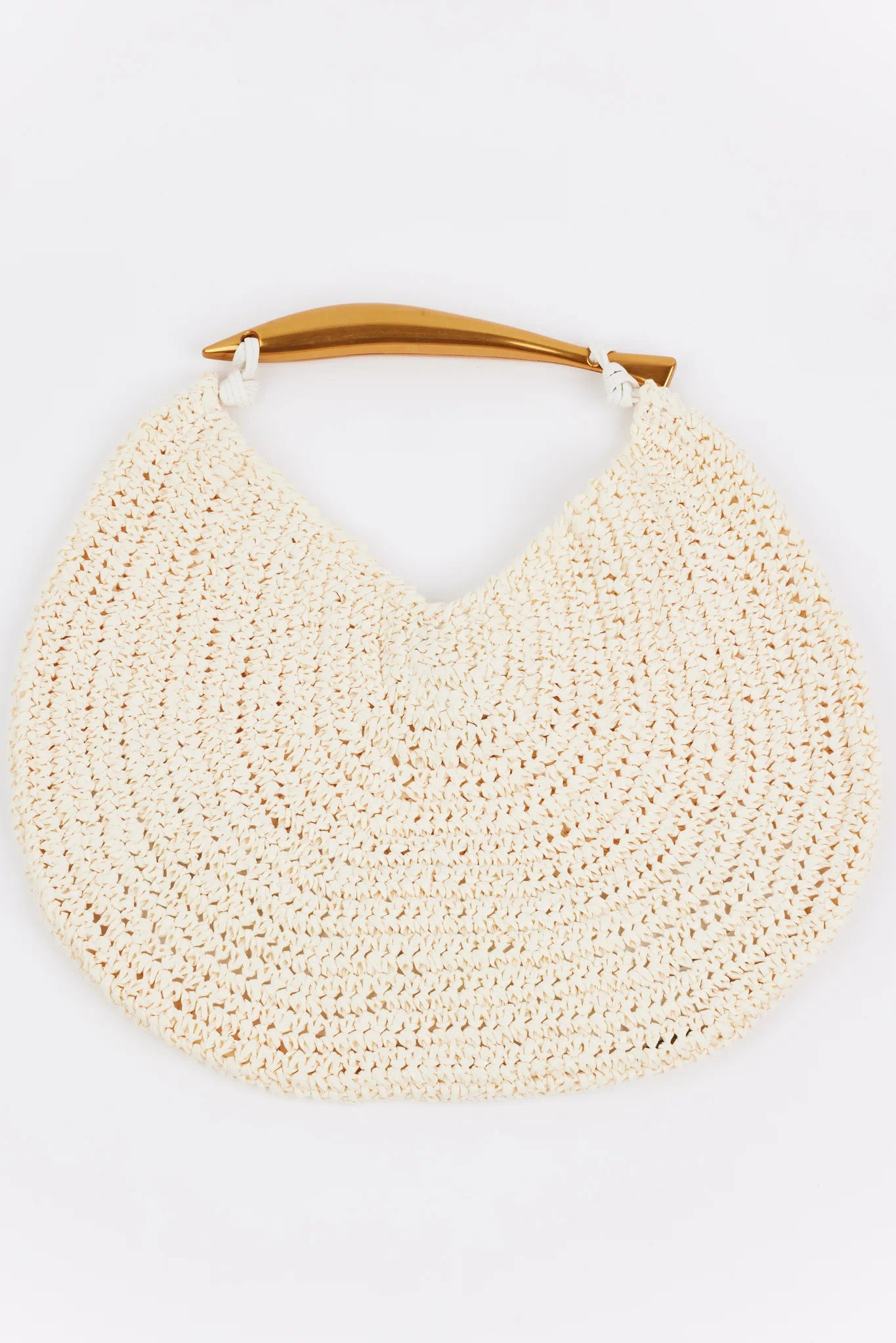 Brielle Bag- Ivory: A round crocheted straw tote with concentric circles, featuring a gold-tone handle, removable crossbody chain, and spacious interior.