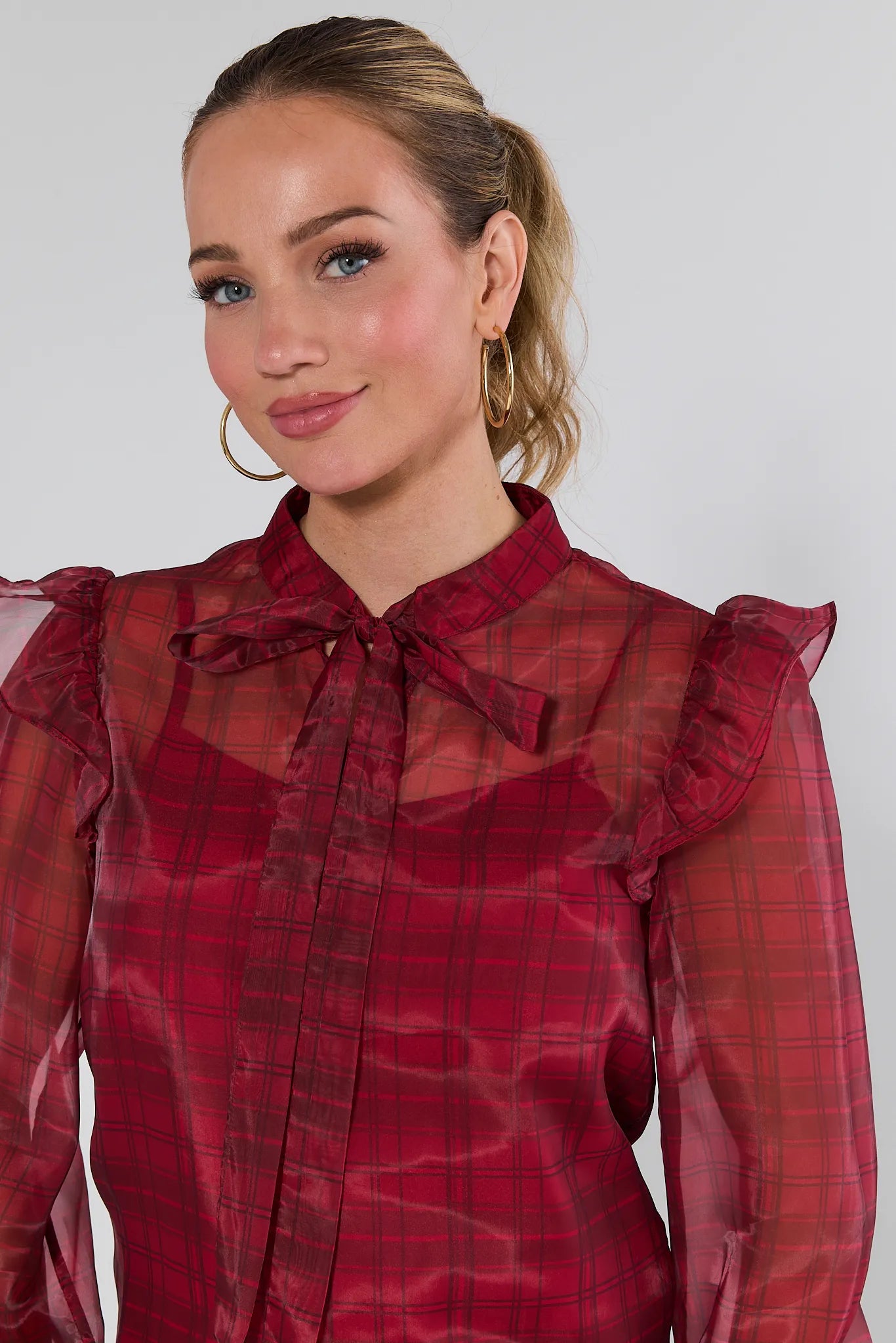 Woman wearing a Elizabeth Sheer Plaid Top with sheer sleeves on a white background