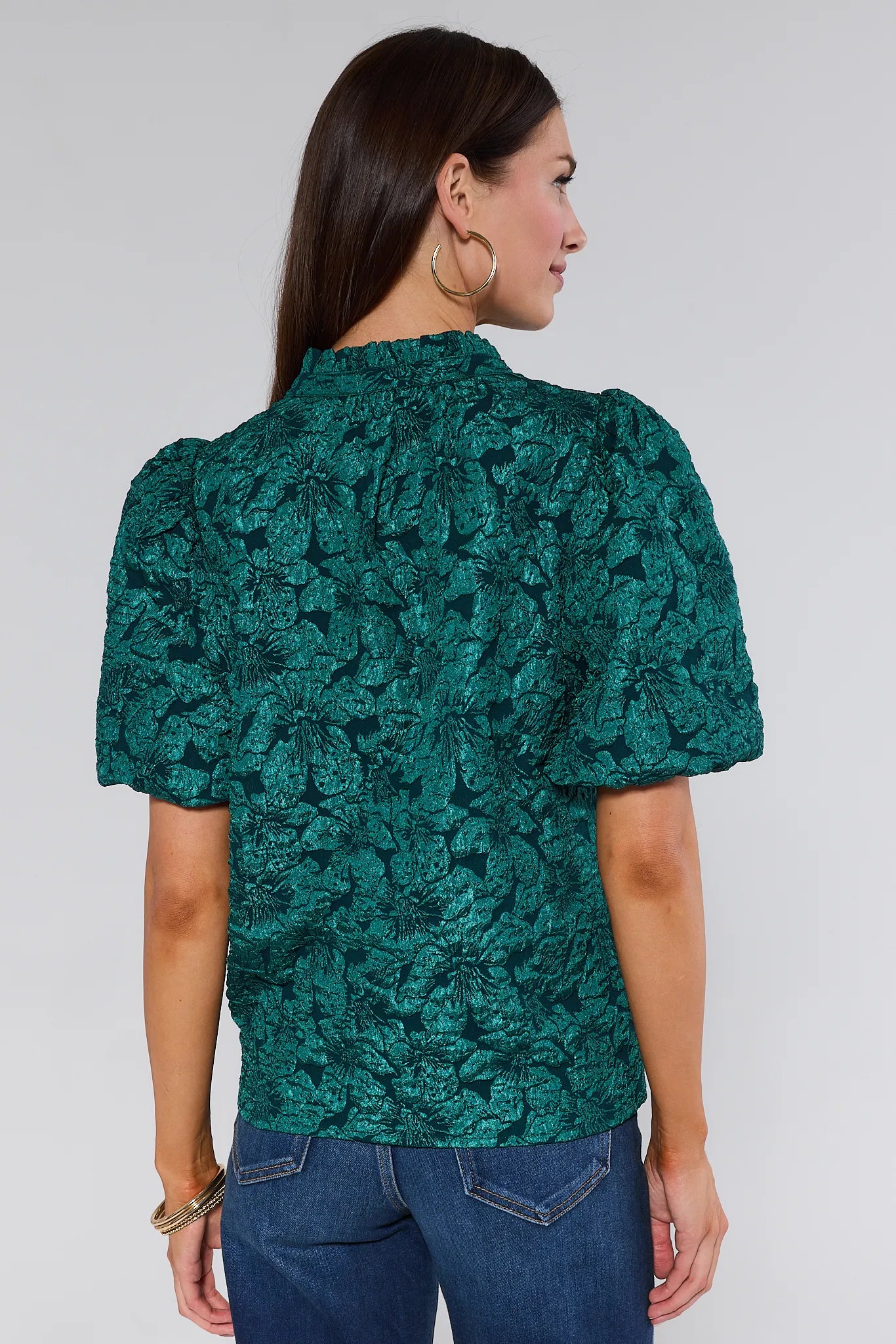 women wearing Teresa Green Floral Top on white background