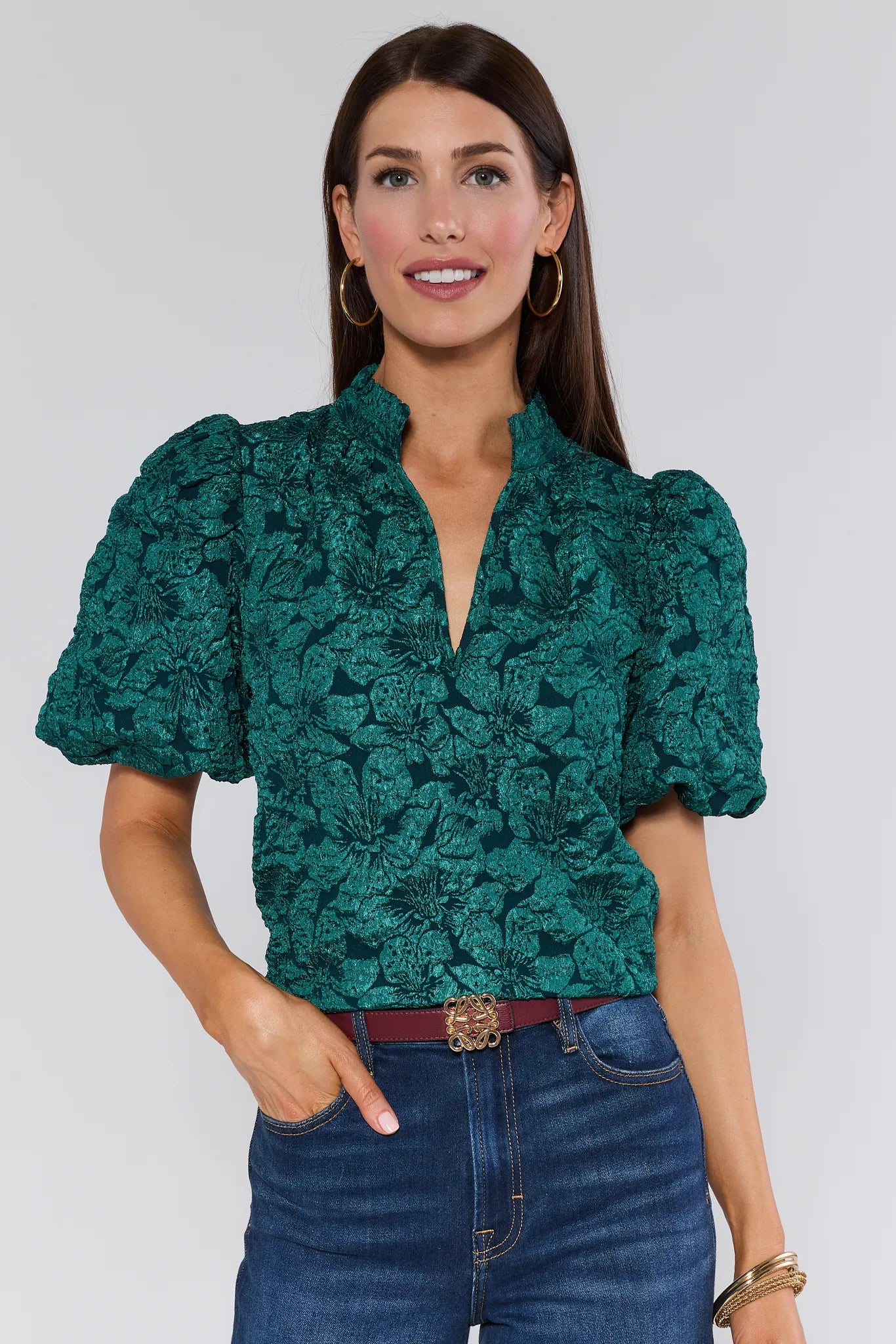 women wearing Teresa Green Floral Top on white background