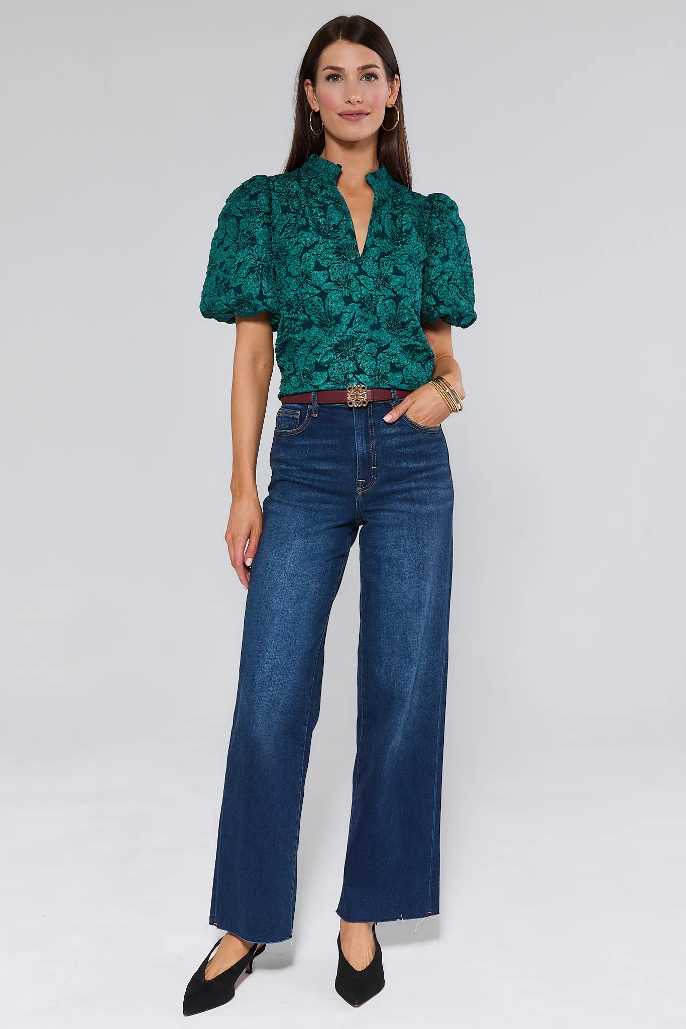 women wearing Teresa Green Floral Top on white background