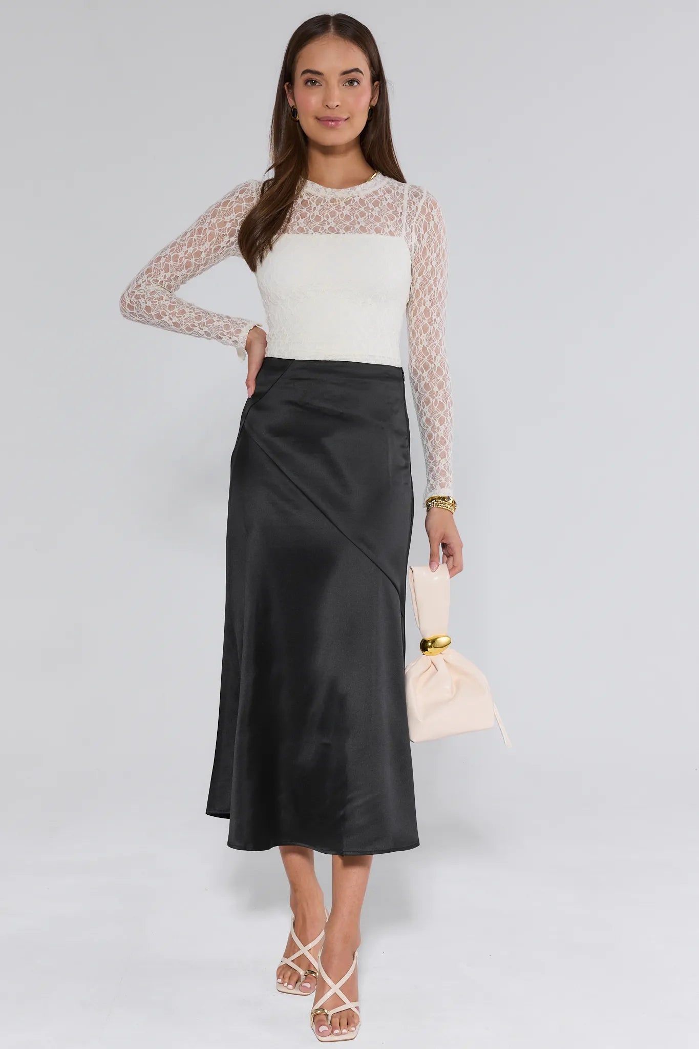 Margot Black Satin Midi Skirt