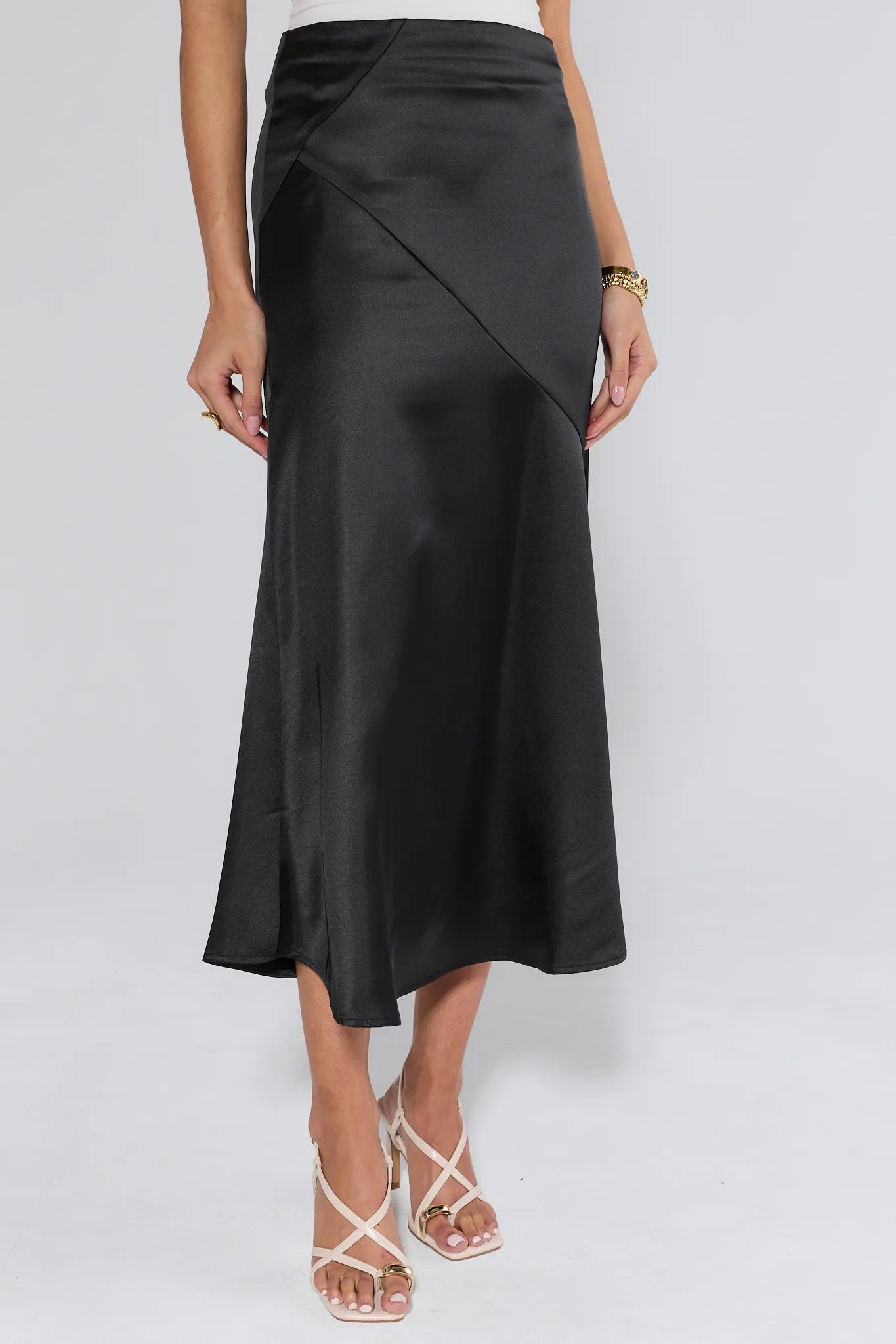 Margot Black Satin Midi Skirt