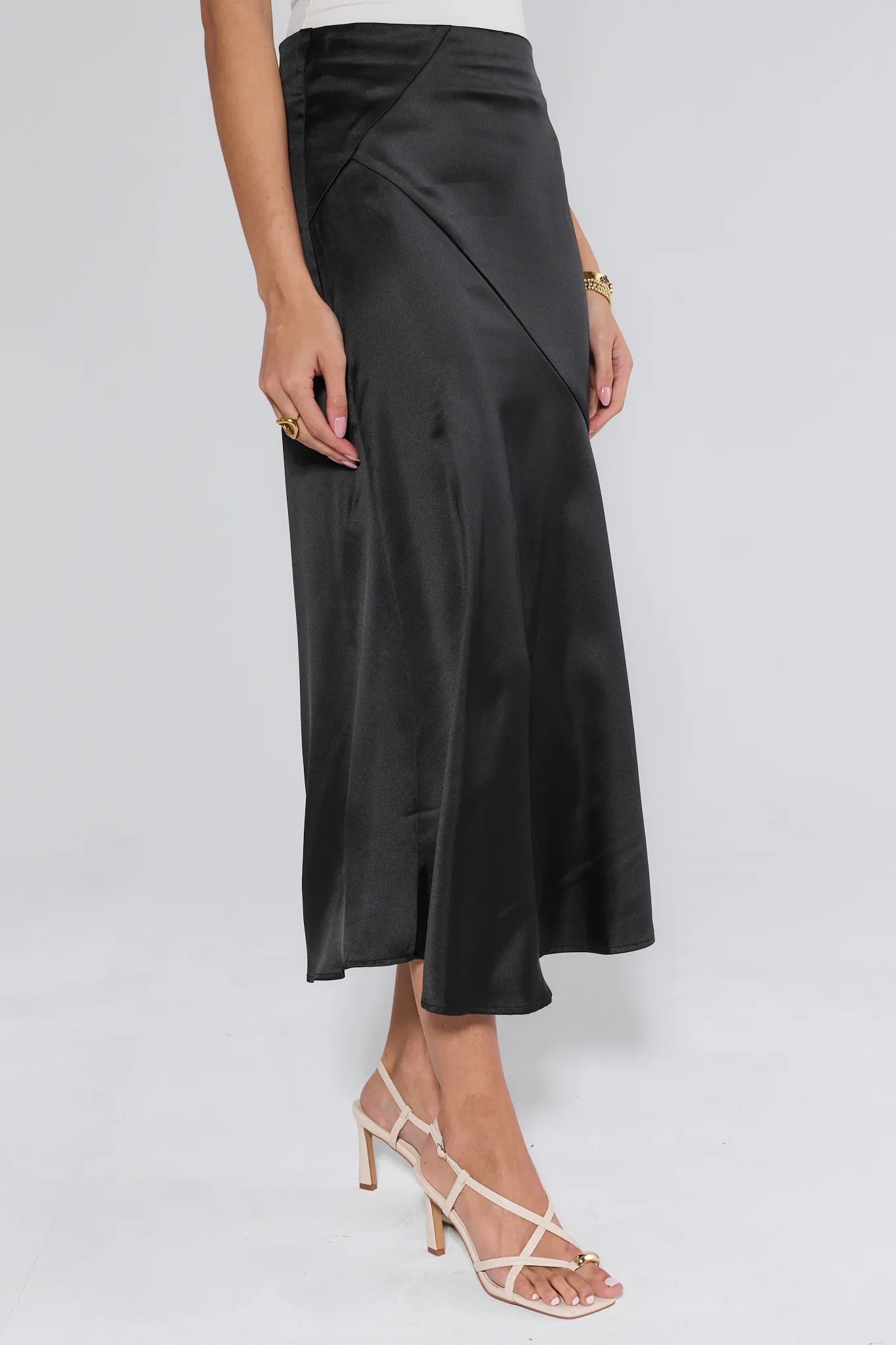 Margot Black Satin Midi Skirt