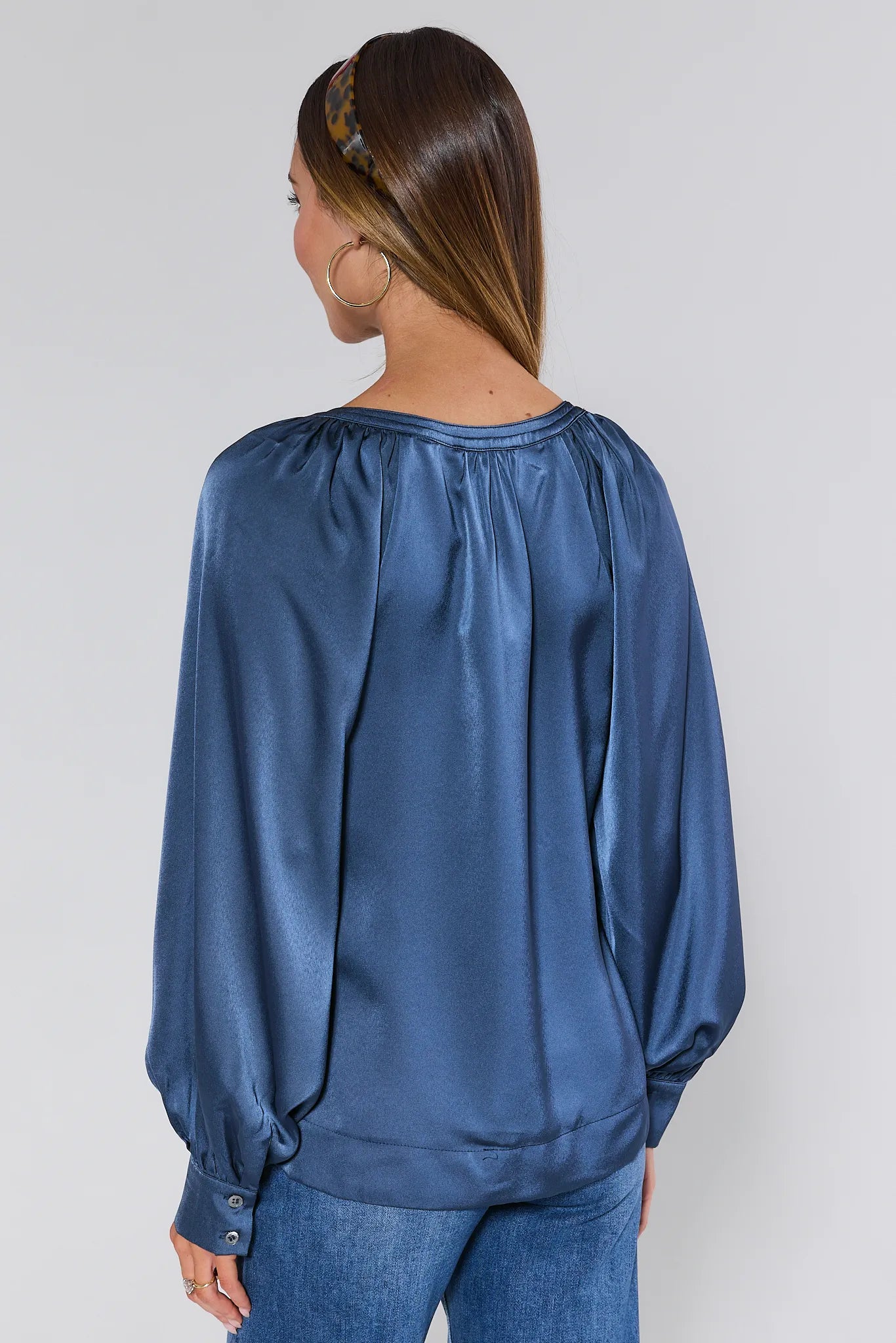 Lizette Navy Satin Long Sleeve Top