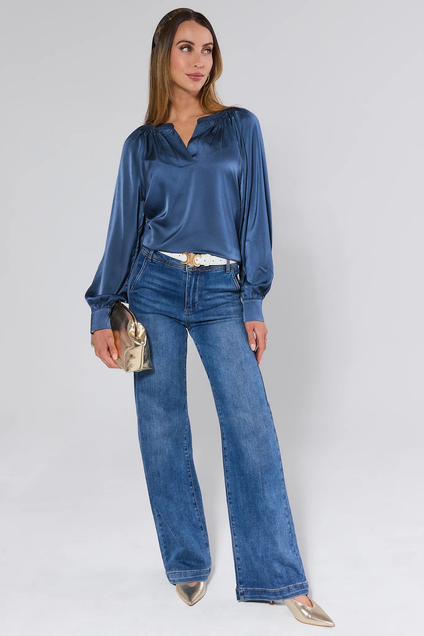 Lizette Navy Satin Long Sleeve Top