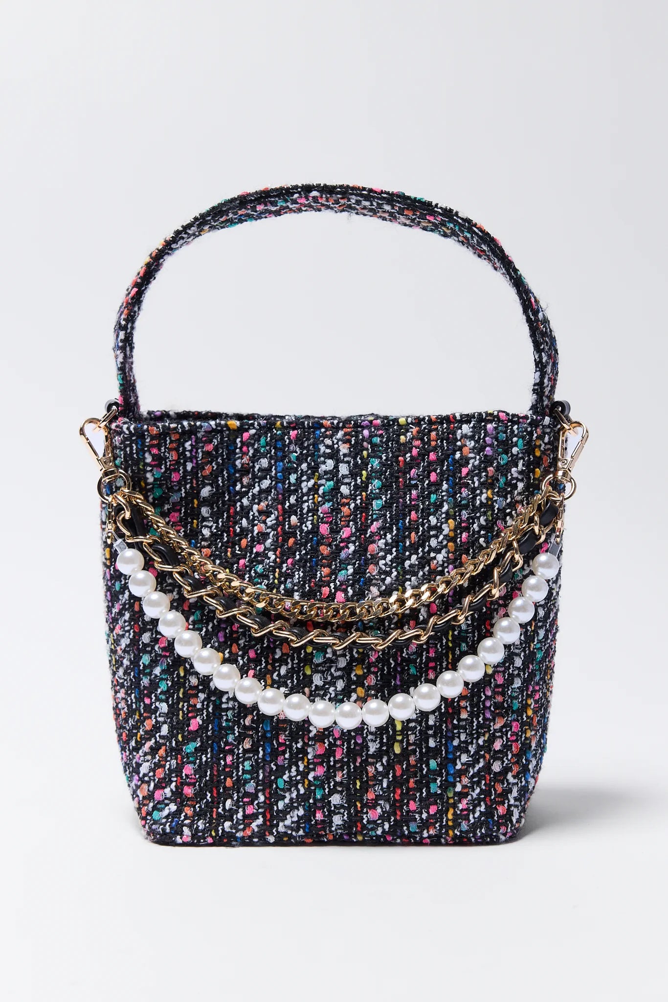 textured Chloe Black Multi Tweed Bag with pearl chain on a light gray background