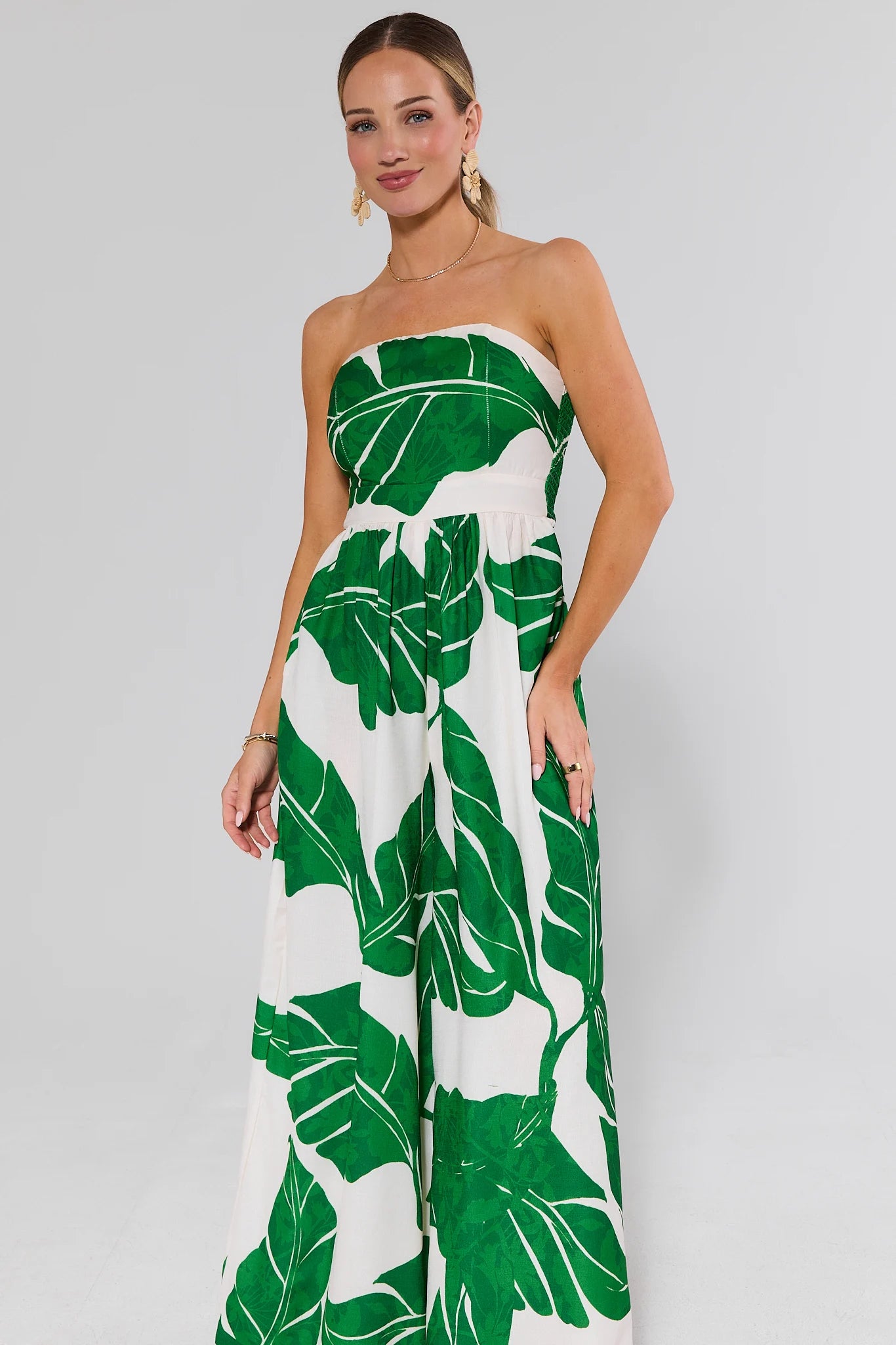 fitted lace wedding dress Green Palm Printed Strapless Jumpsuit