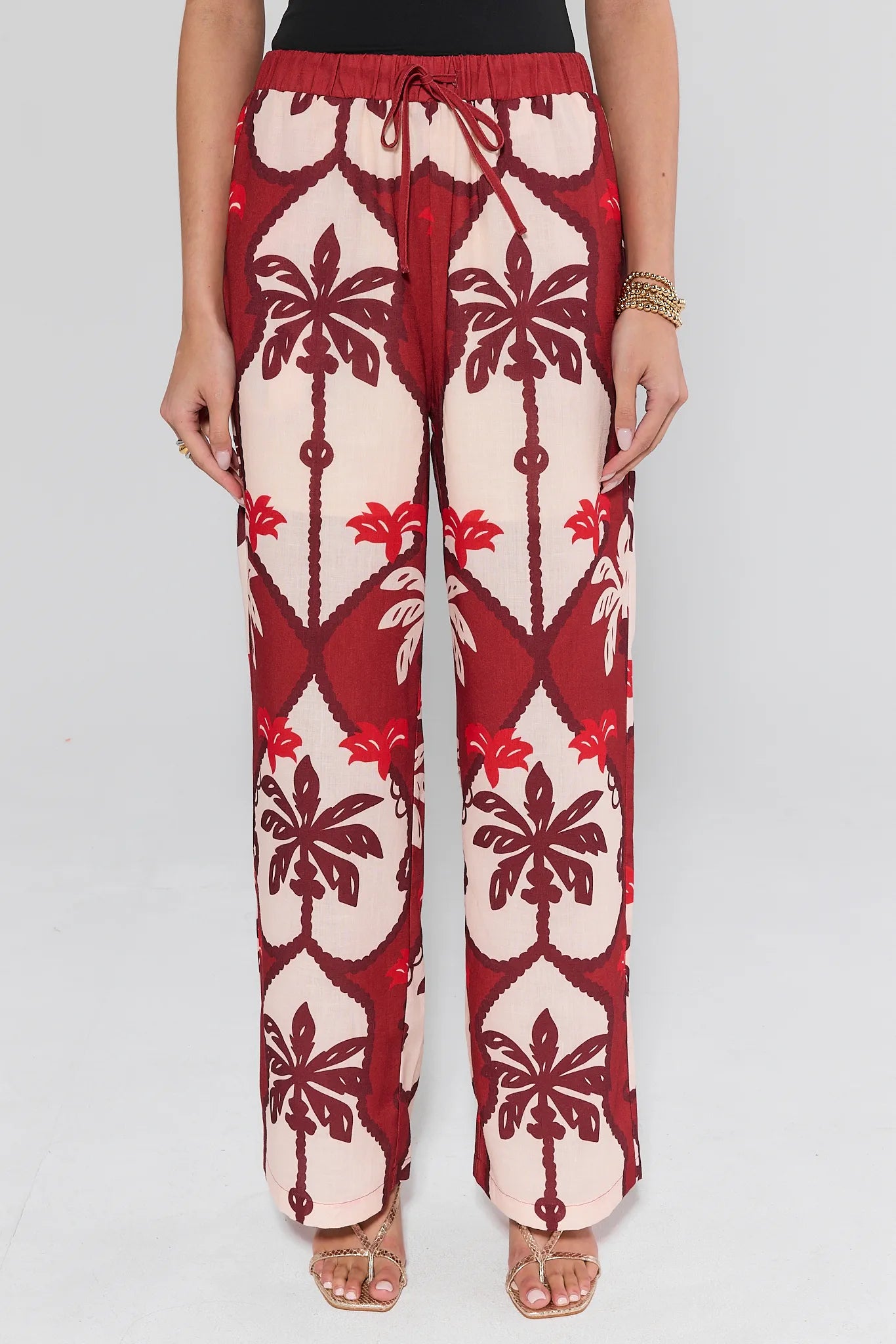 Celine Maroon Printed Pants worn by a person on a plain background