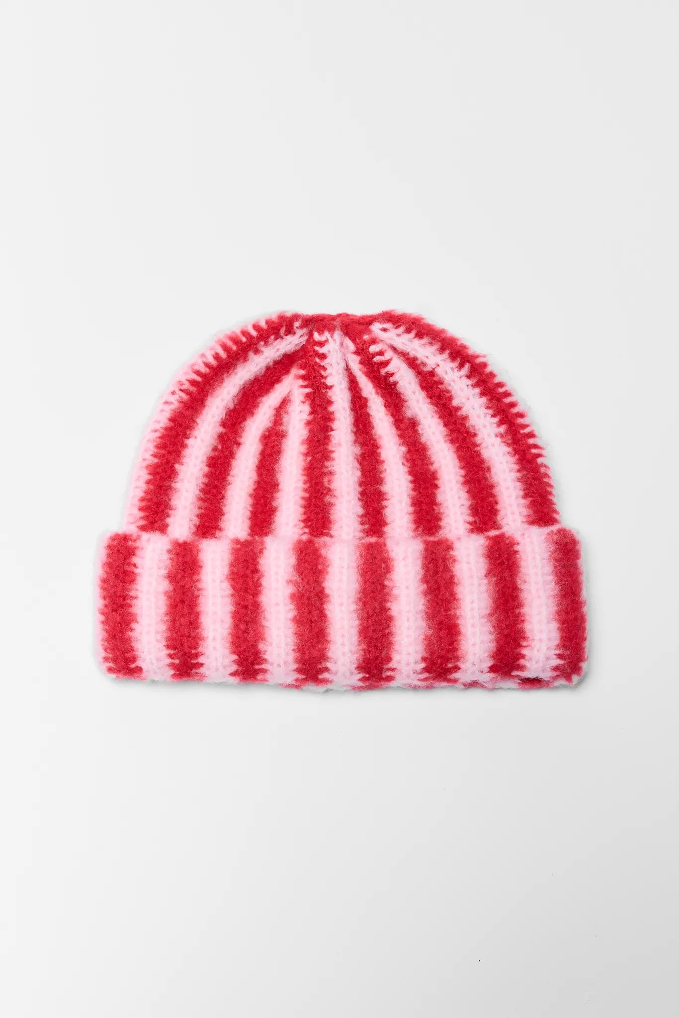 Tatum Red Striped Knit Beanie on a light gray background