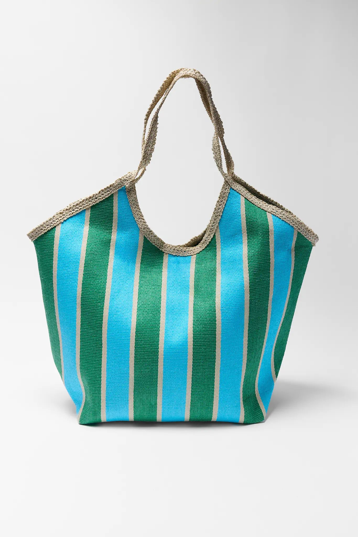Striped beach bag with green and blue stripes on a white background