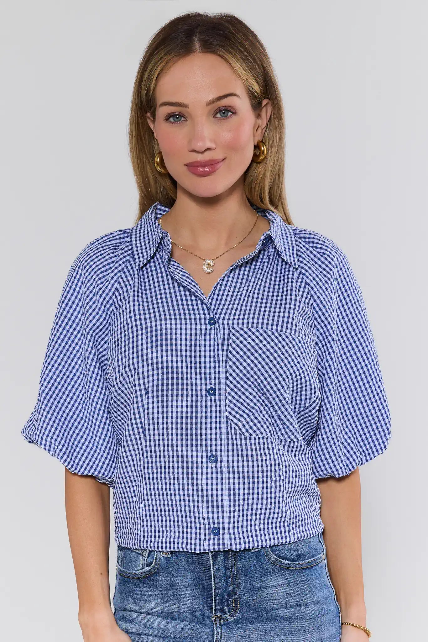 Ashton Navy Gingham Short Sleeve Top | Avara