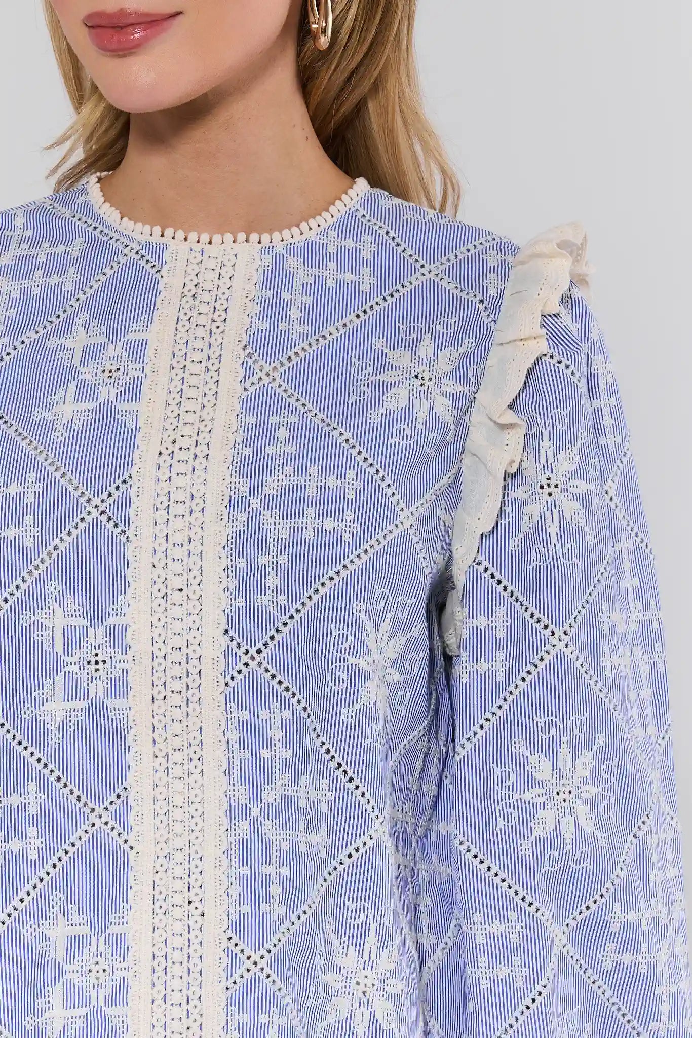 Close-up of a blue embroidered garment with white patterns on a plain background