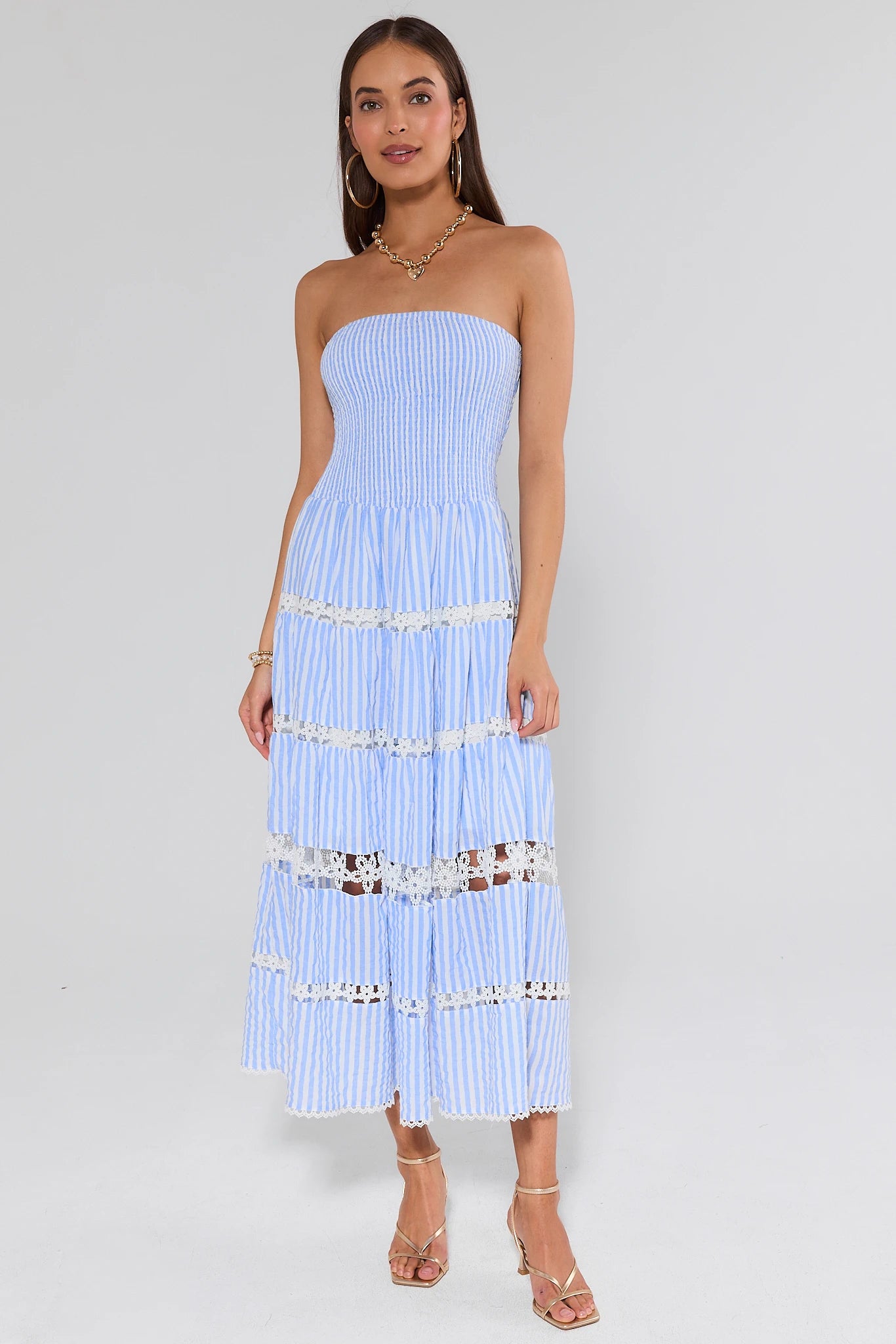 Cecilia Blue Striped Strapless Midi Dress | Women's Clothing