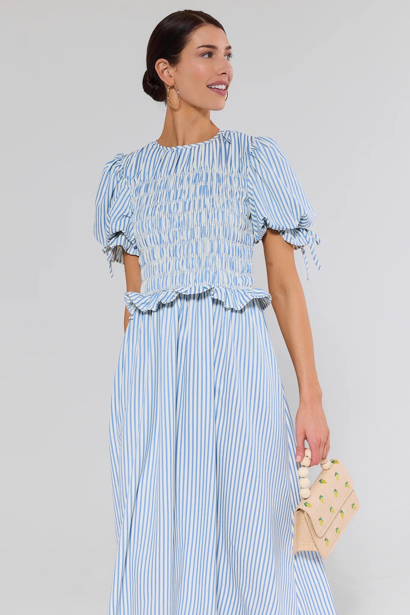 Skylar Blue Striped Smocked Midi Dress | Women's Clothing | Avara Skylar Blue Striped Smocked Midi Dress | Women's Clothing | Avara