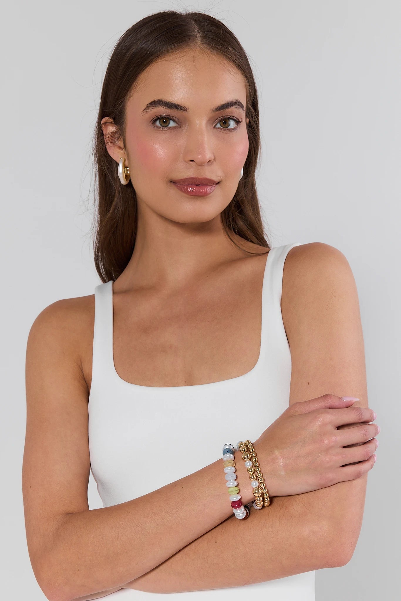woman wearing Reina Multi Beaded Bracelet Set on white background