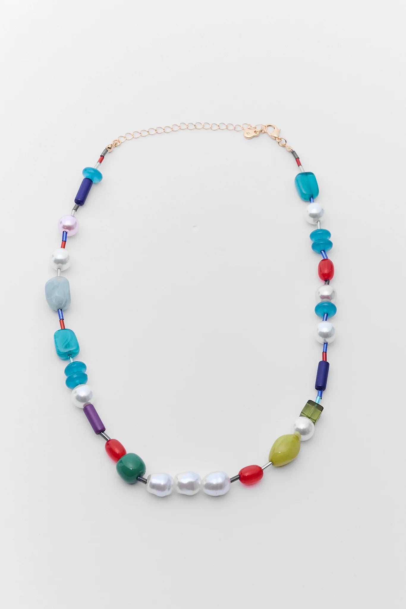 Colorful beaded necklace on a white background