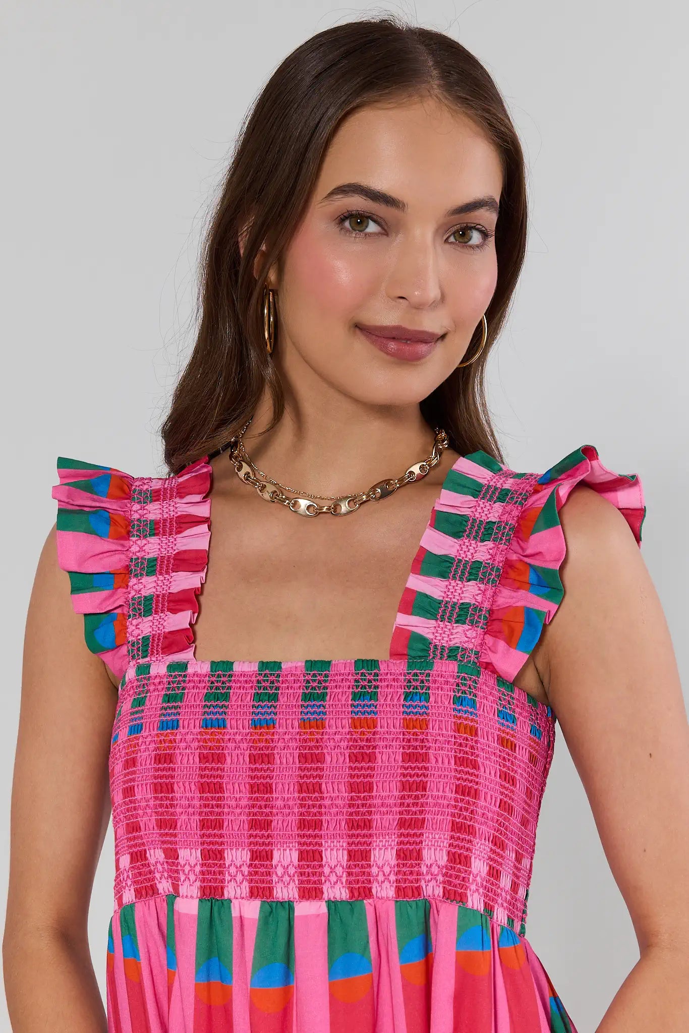 woman wearing Amelia Gold Layered Chain Necklace on white background