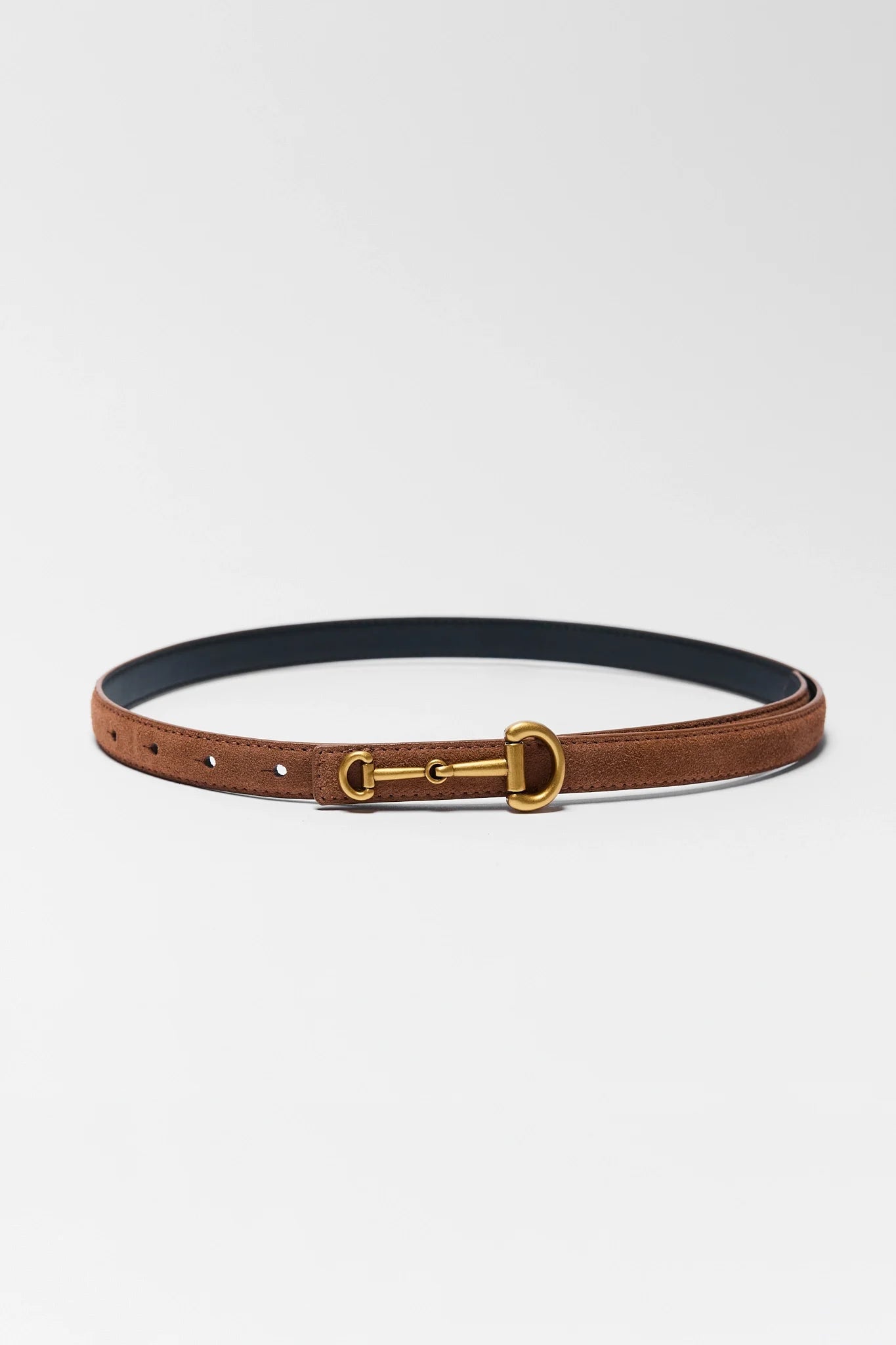 Brown leather belt with gold buckle on a white background