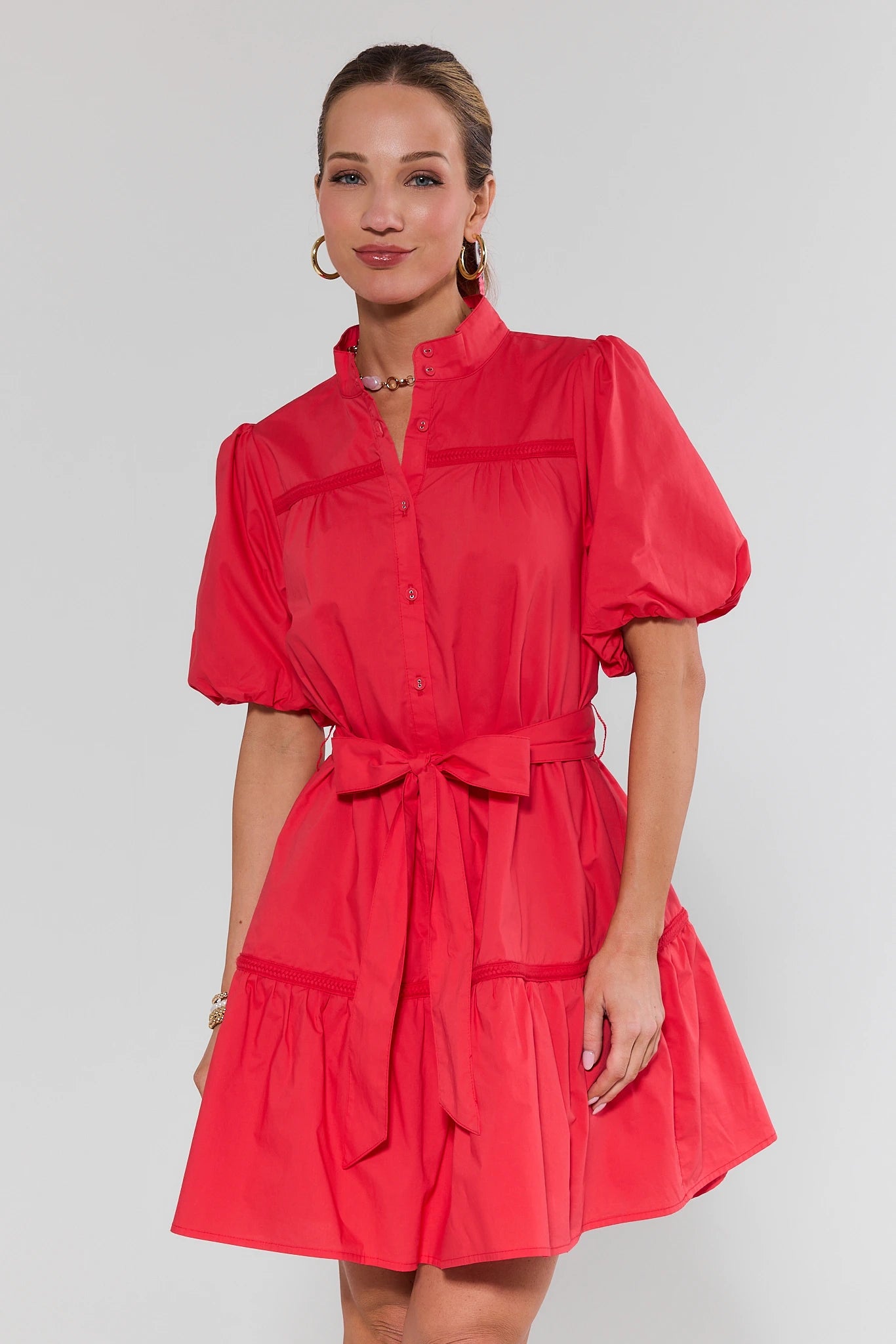 red puff sleeve dress MissJophiel Women Long Puff Sleeves V Neck Chiffon Print Floral Red Formal Dress Red / Above Knee / US2