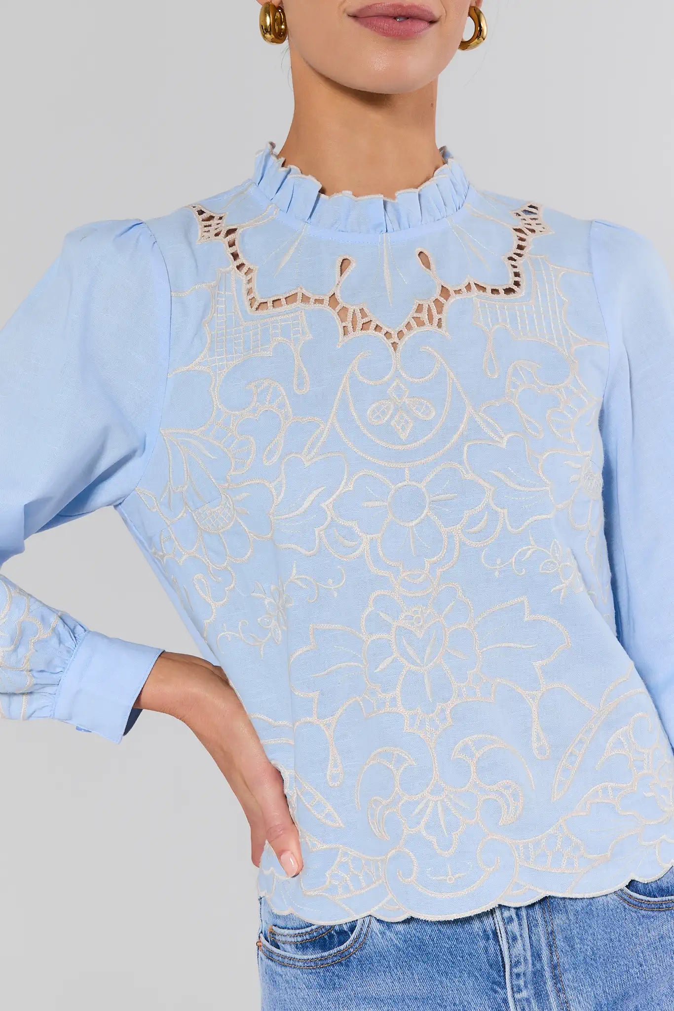 Light blue lace top with a plain background