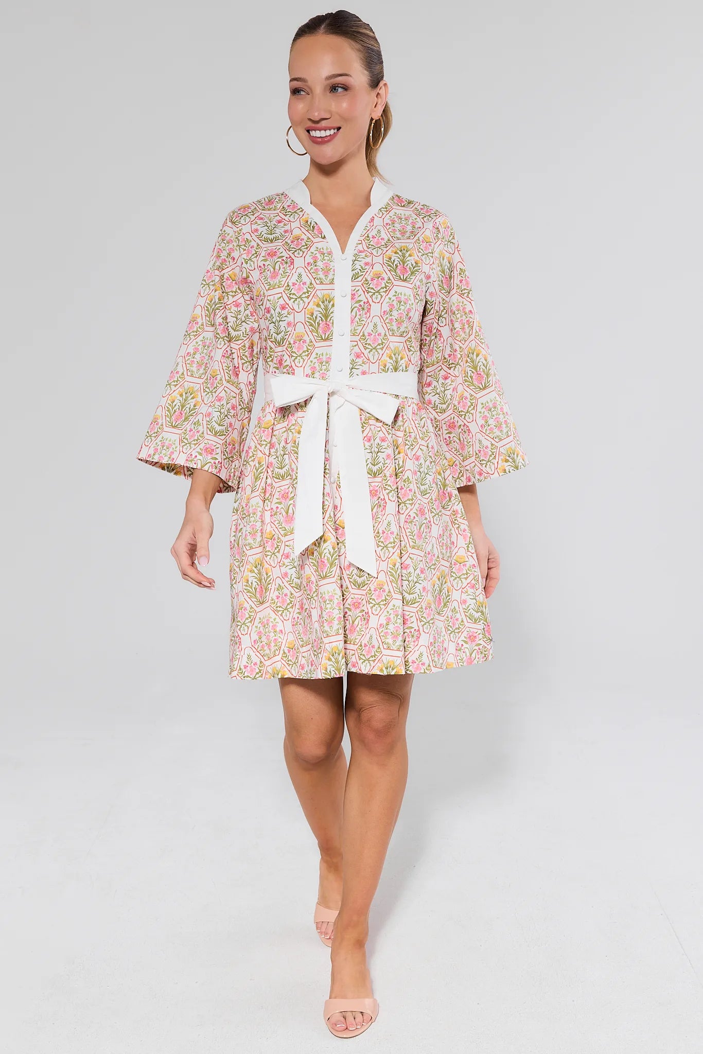 full body woman wearing floral cameron dress