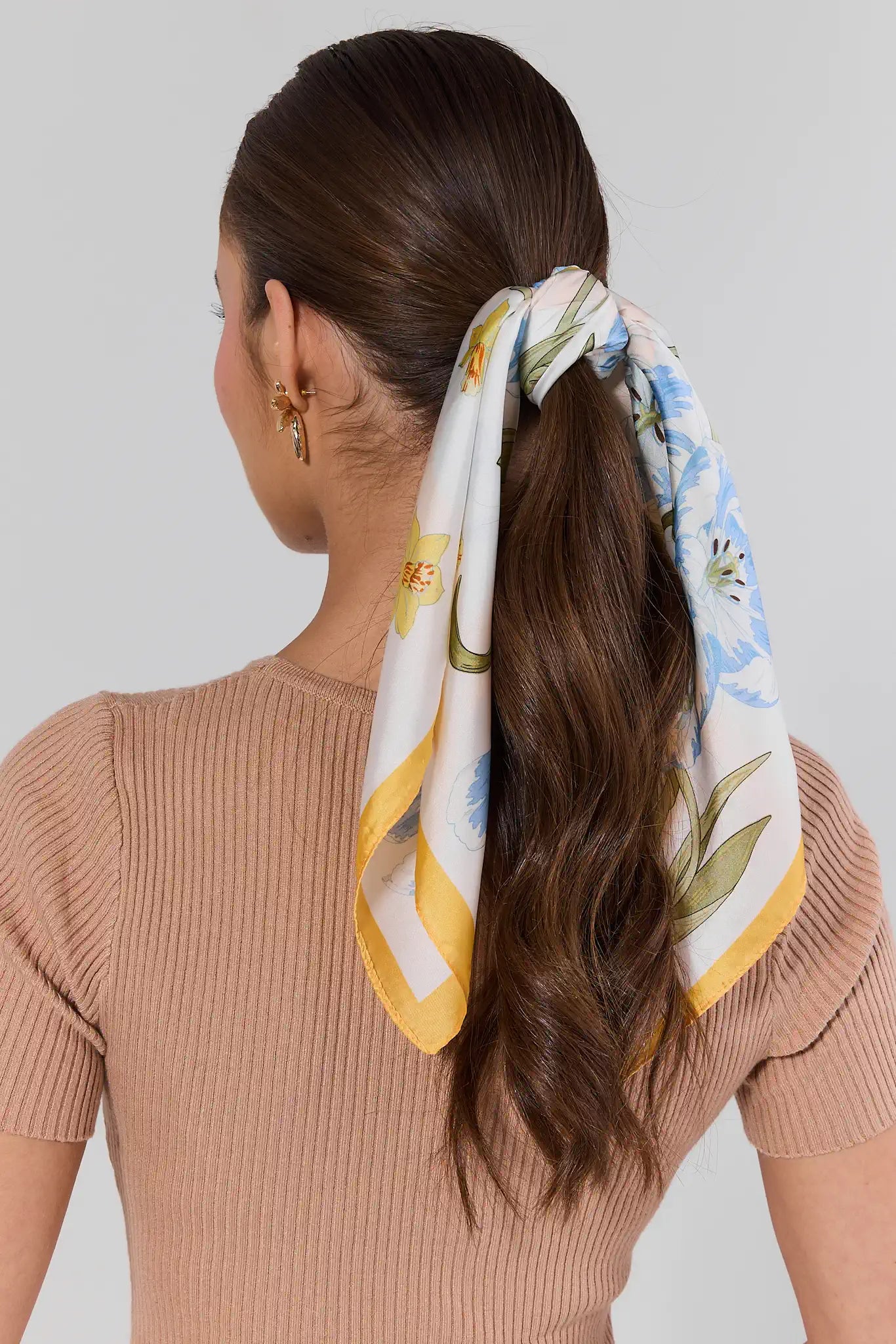 woman wearing Layla Blue Floral Print Scarf in hair