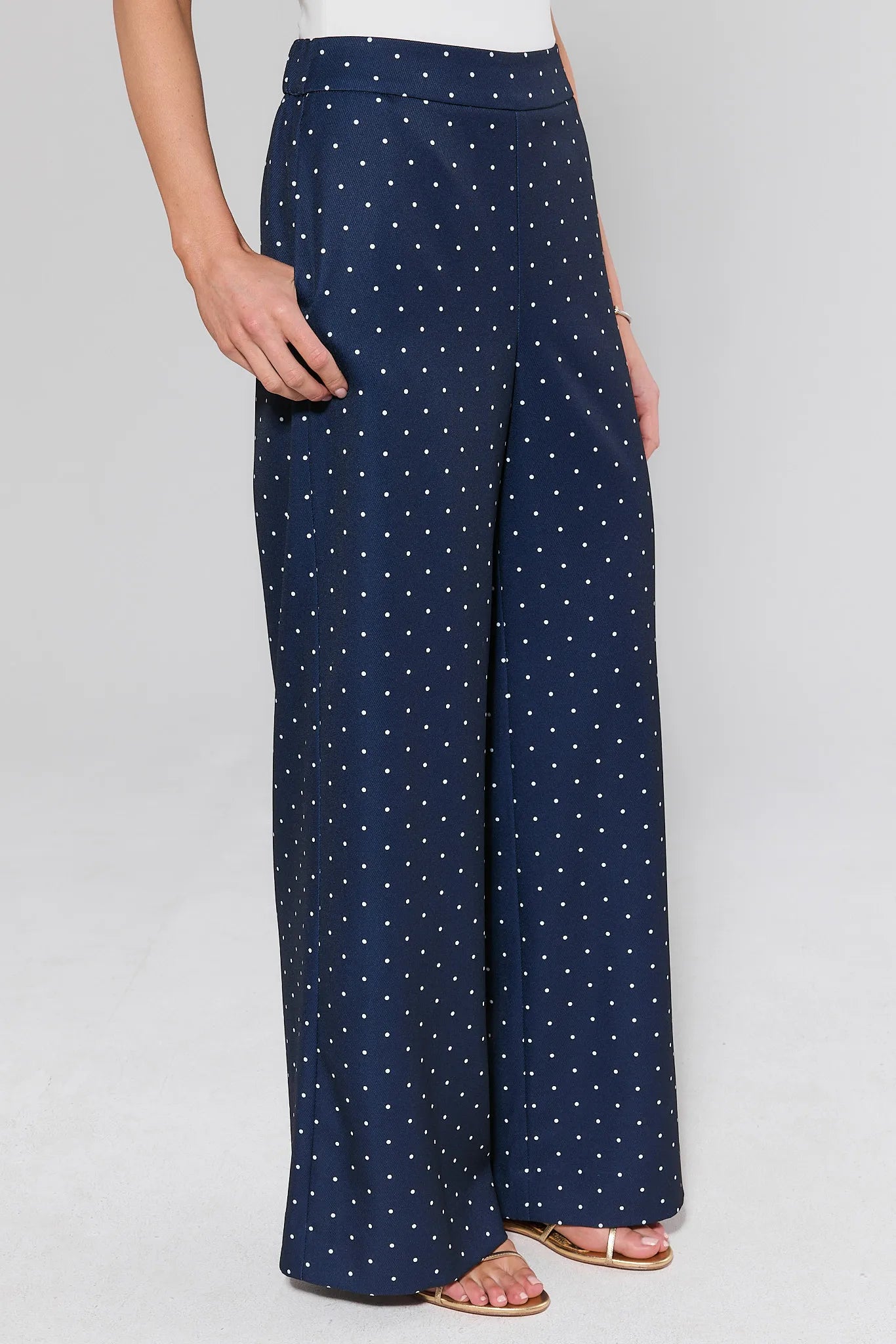 side shot Navy blue wide-leg pants with white polka dots on a gray background