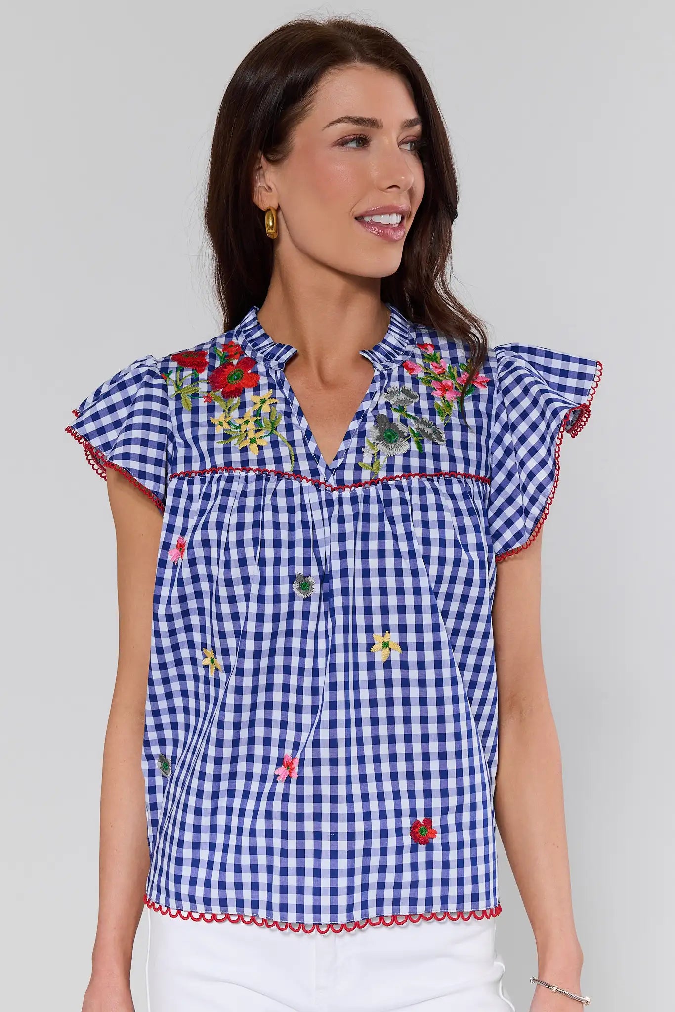 Women's Blue Gingham Embroidered Top | Avara | Avara