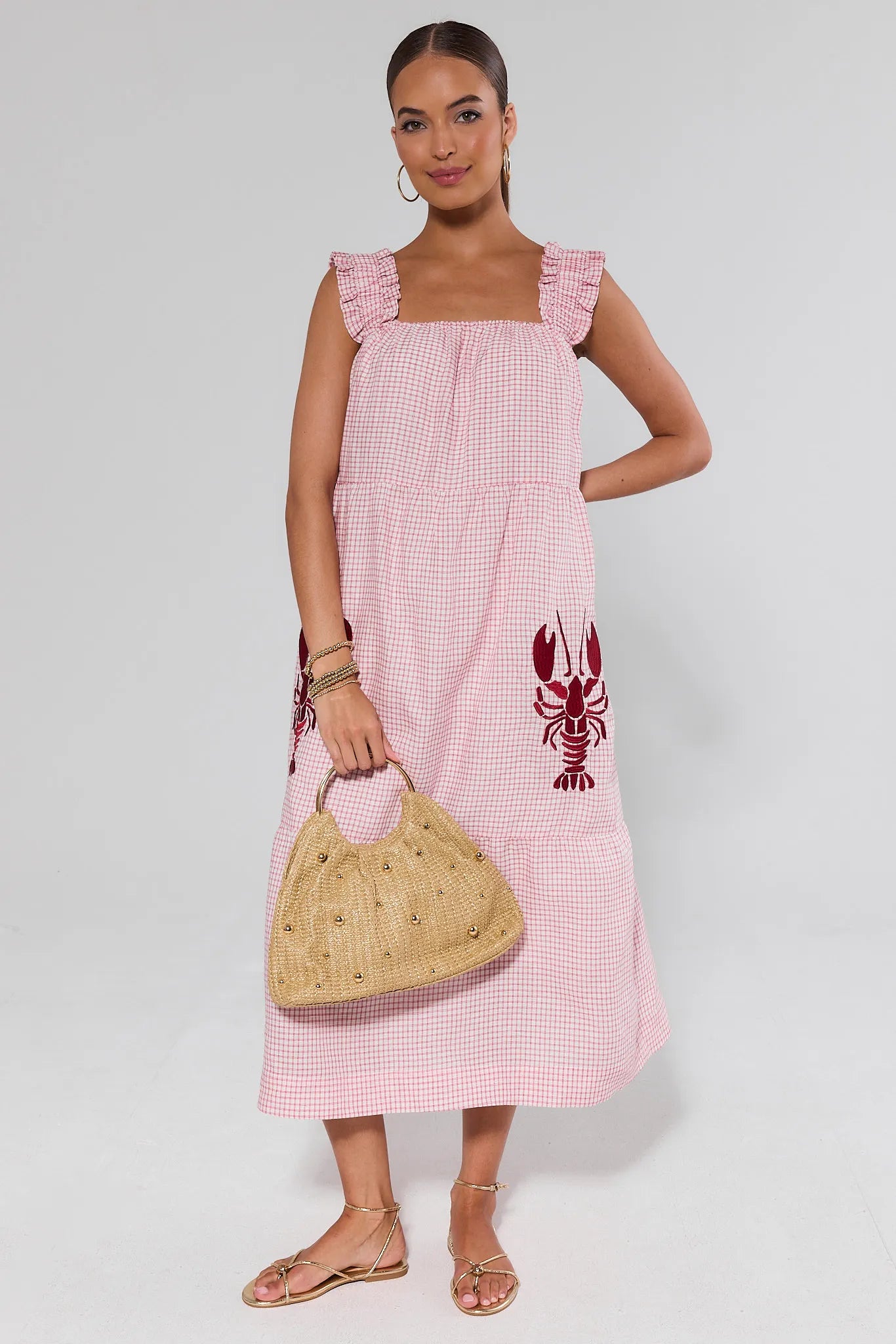 Red Gingham Lobster Midi Dress | Women's Clothing