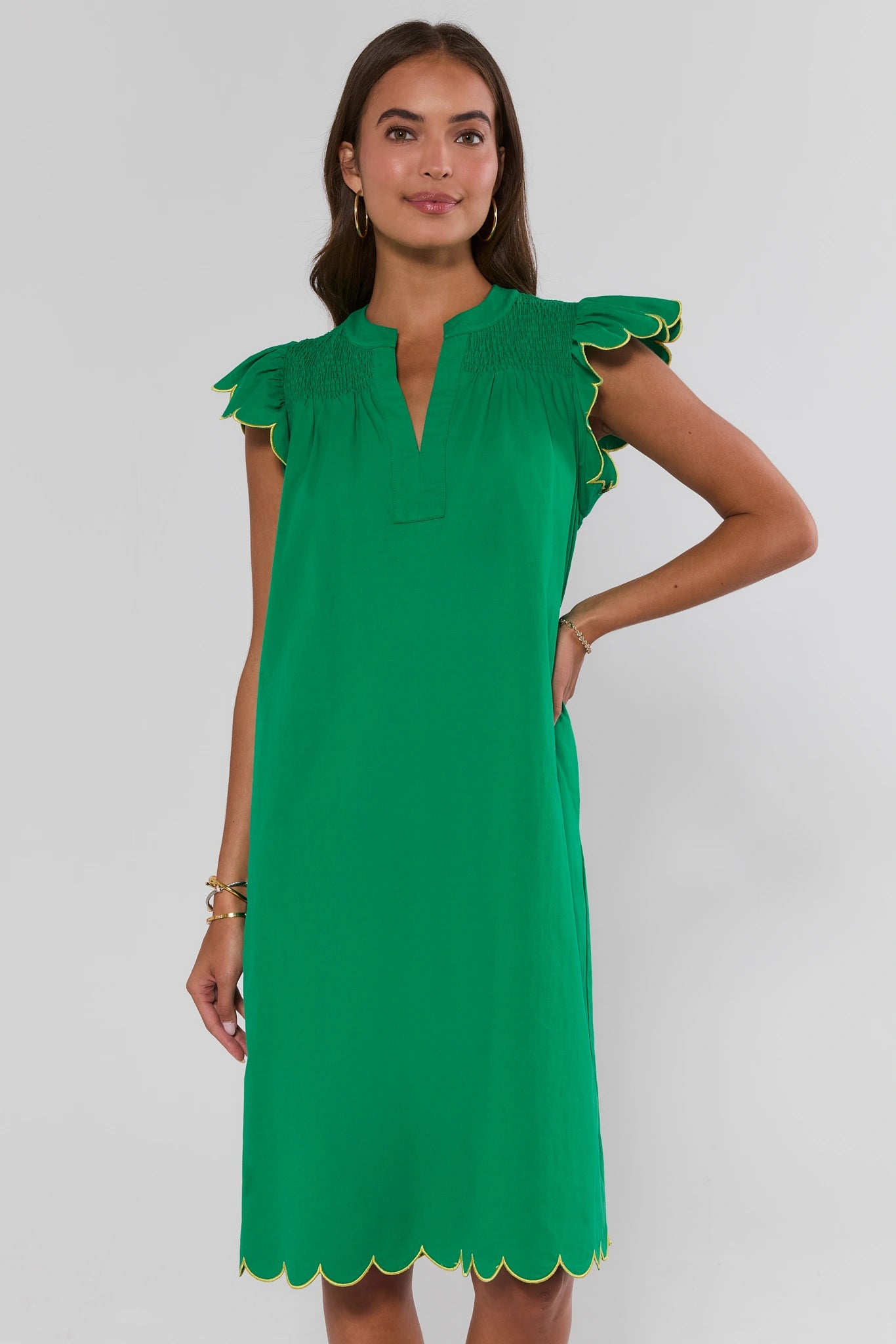 Green Scalloped Flutter Sleeve Midi Dress