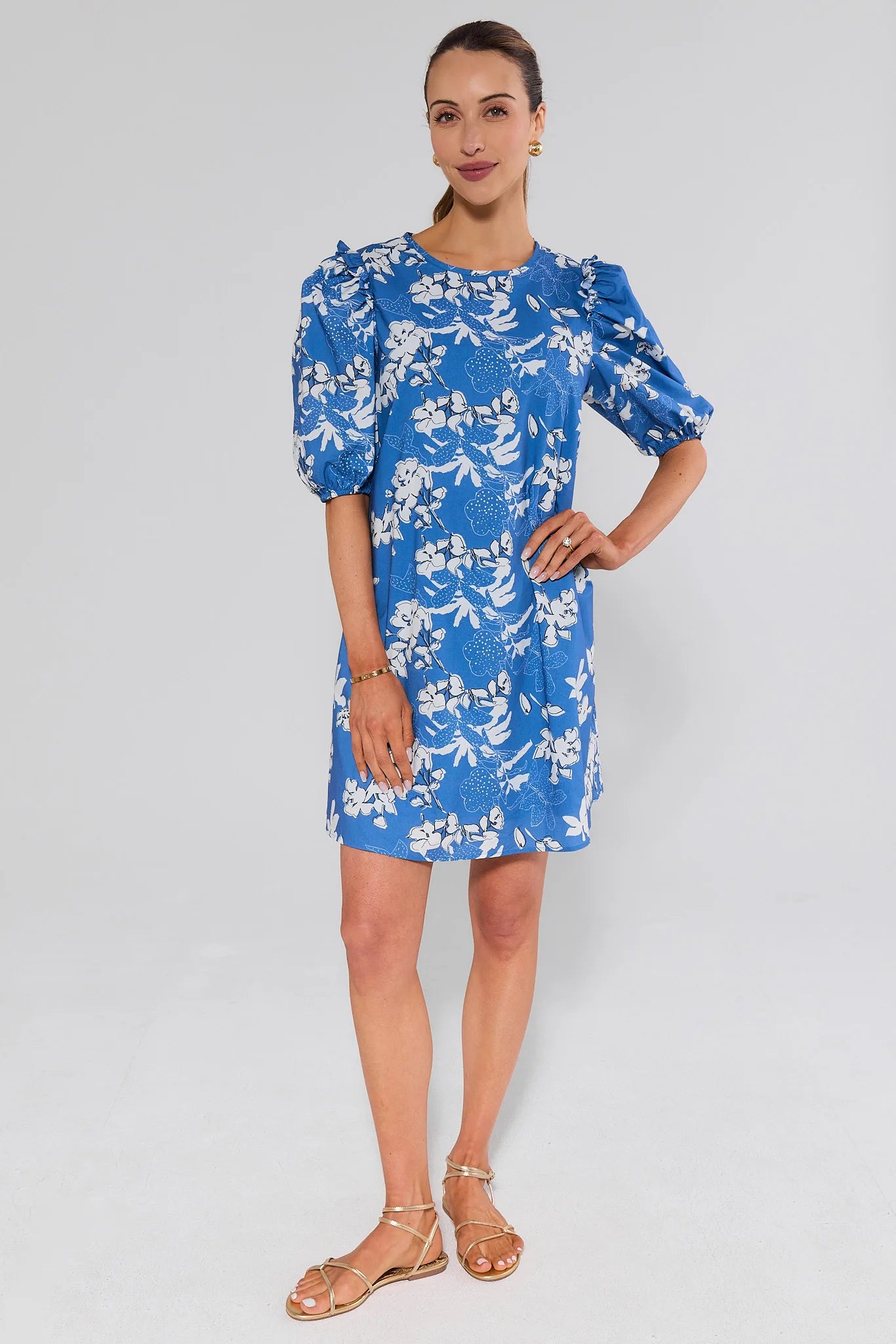 Blue Floral Print Short Dress