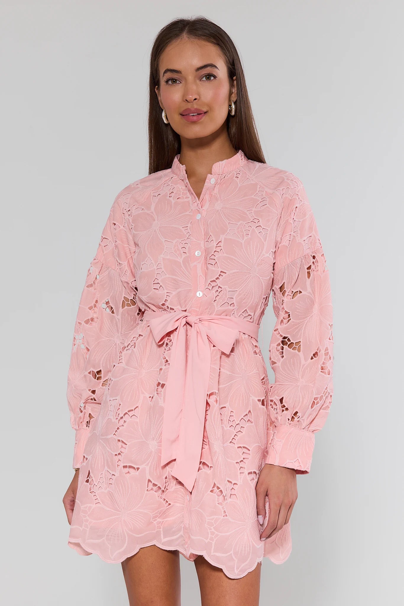 Pink Eyelet Button Up Short Dress