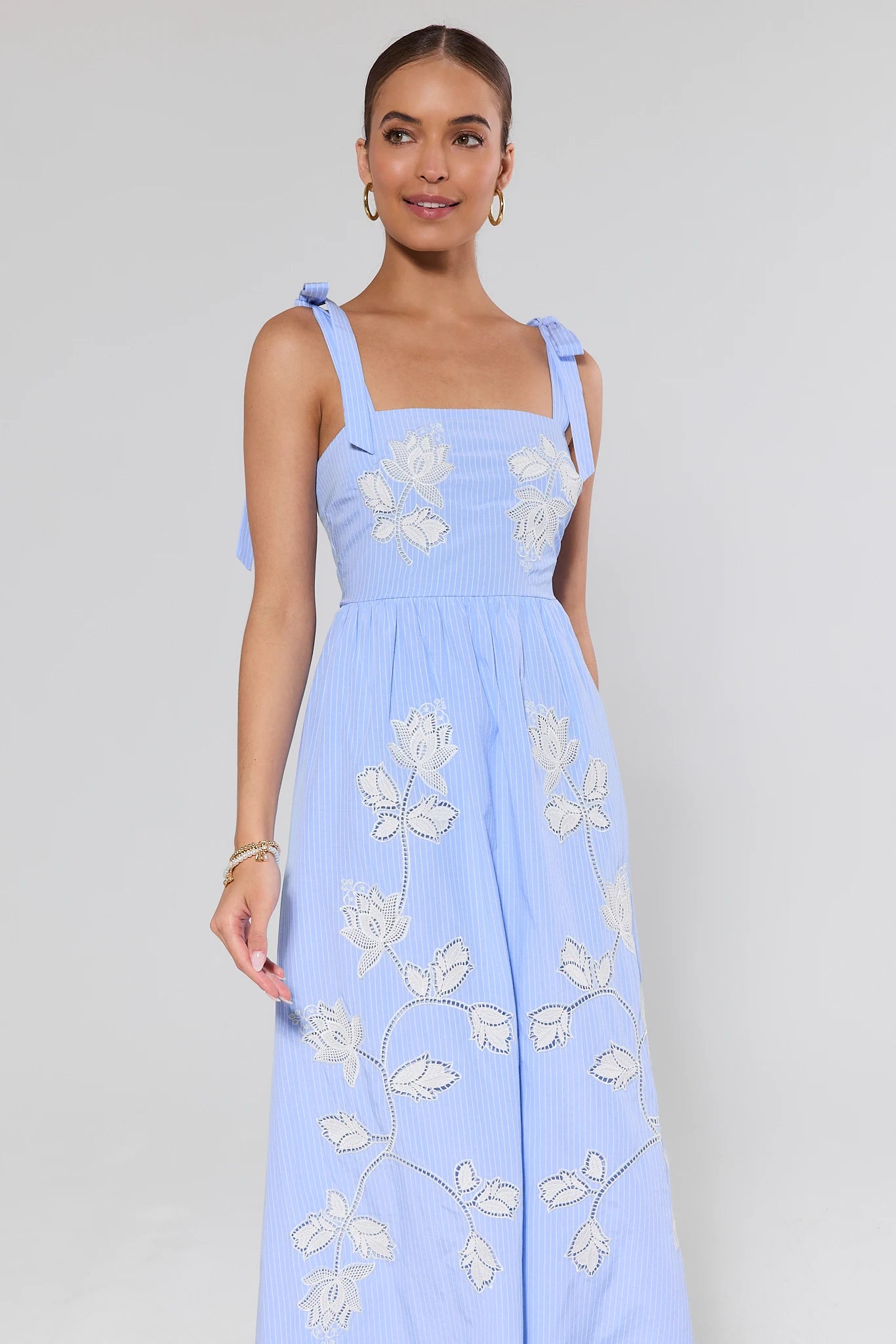 Blue Striped Embroidered Midi Dress | Women's Clothing | Avara Blue Striped Embroidered Midi Dress | Women's Clothing | Avara