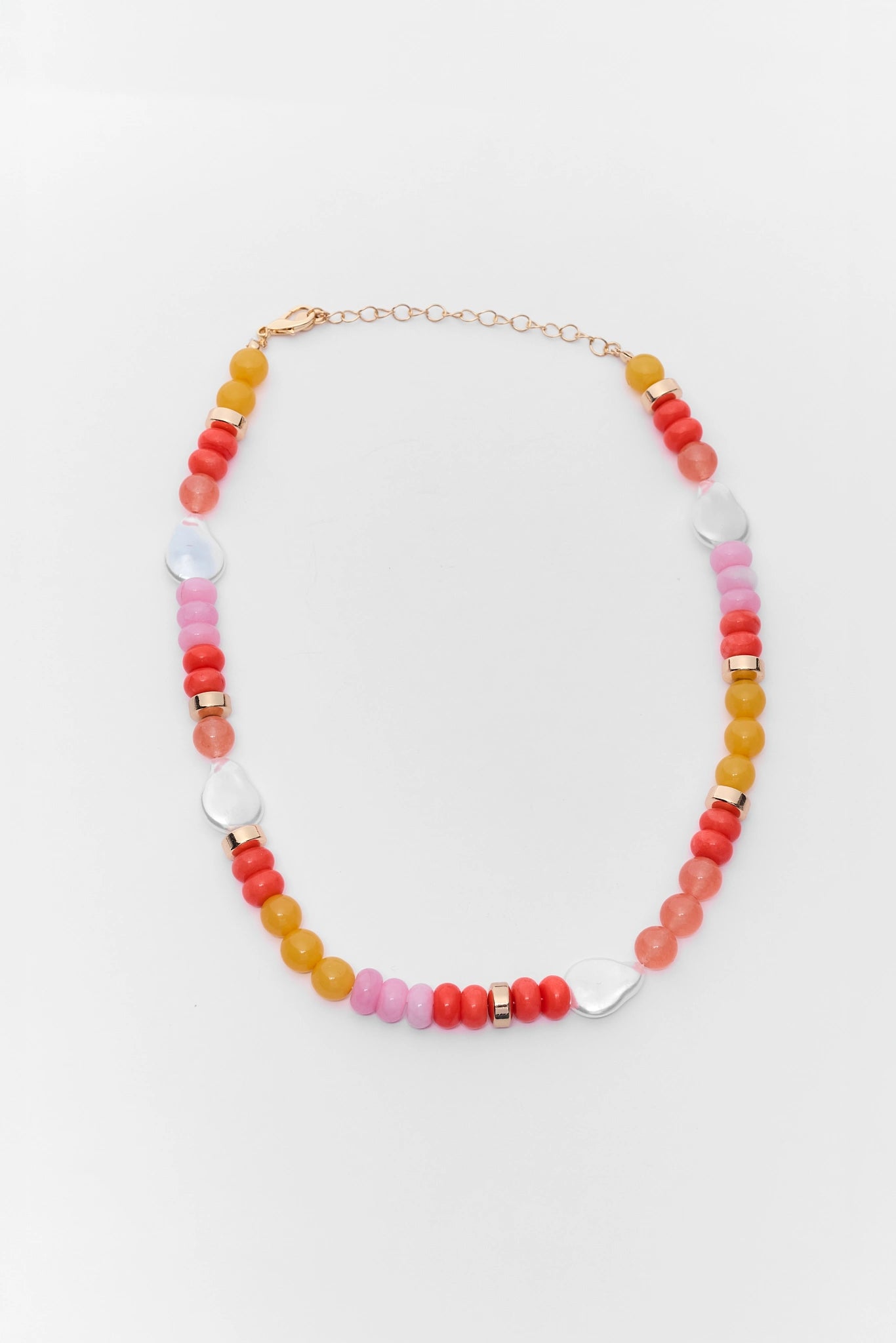 Colorful beaded necklace on a white background