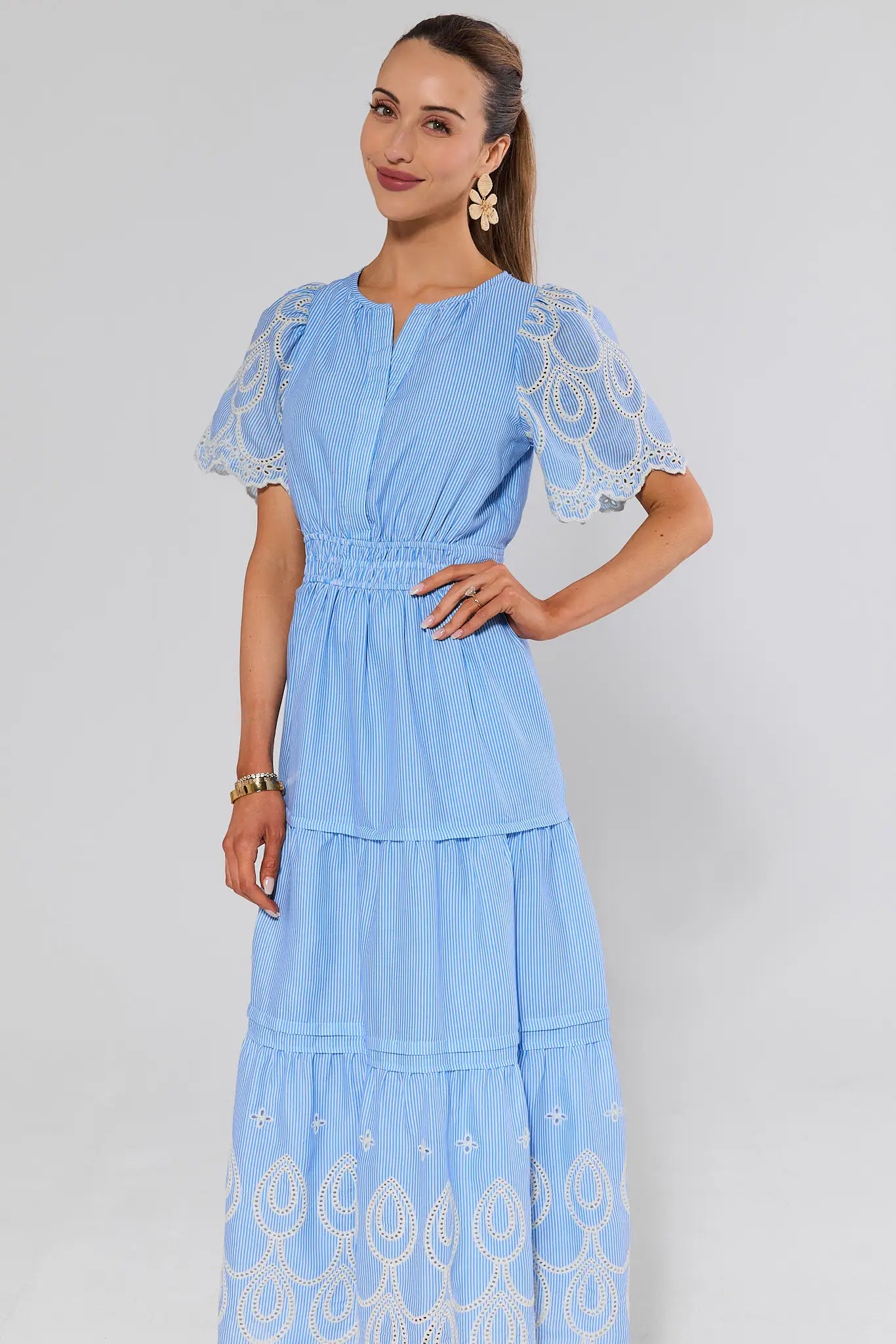 Brylee Blue Eyelet Trim Maxi Dress | Women's Clothing | Avara Brylee Blue Eyelet Trim Maxi Dress | Women's Clothing | Avara