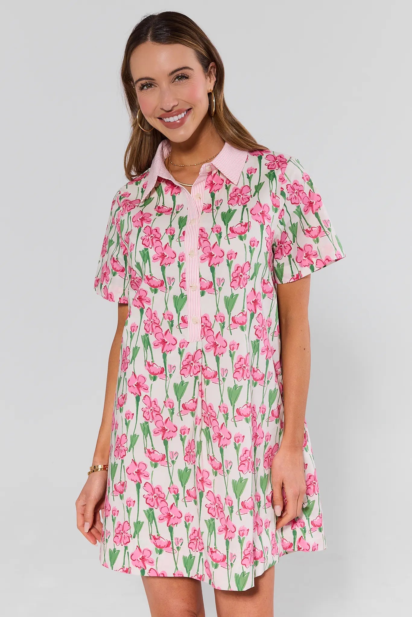 Pink Floral Collared Short Dress