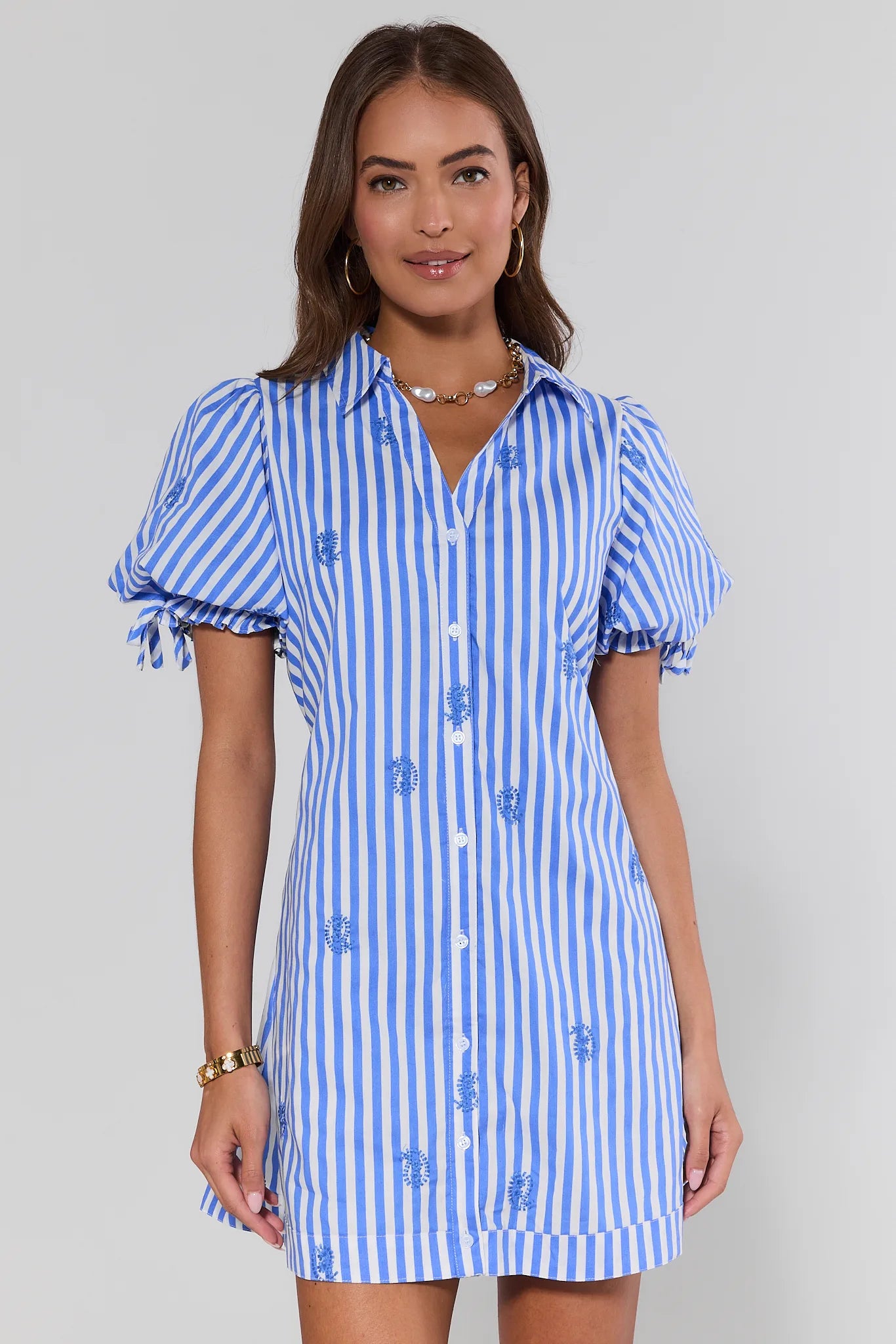 Blue Stripe Embroidered Short Dress | Avara Blue Stripe Embroidered Short Dress | Avara