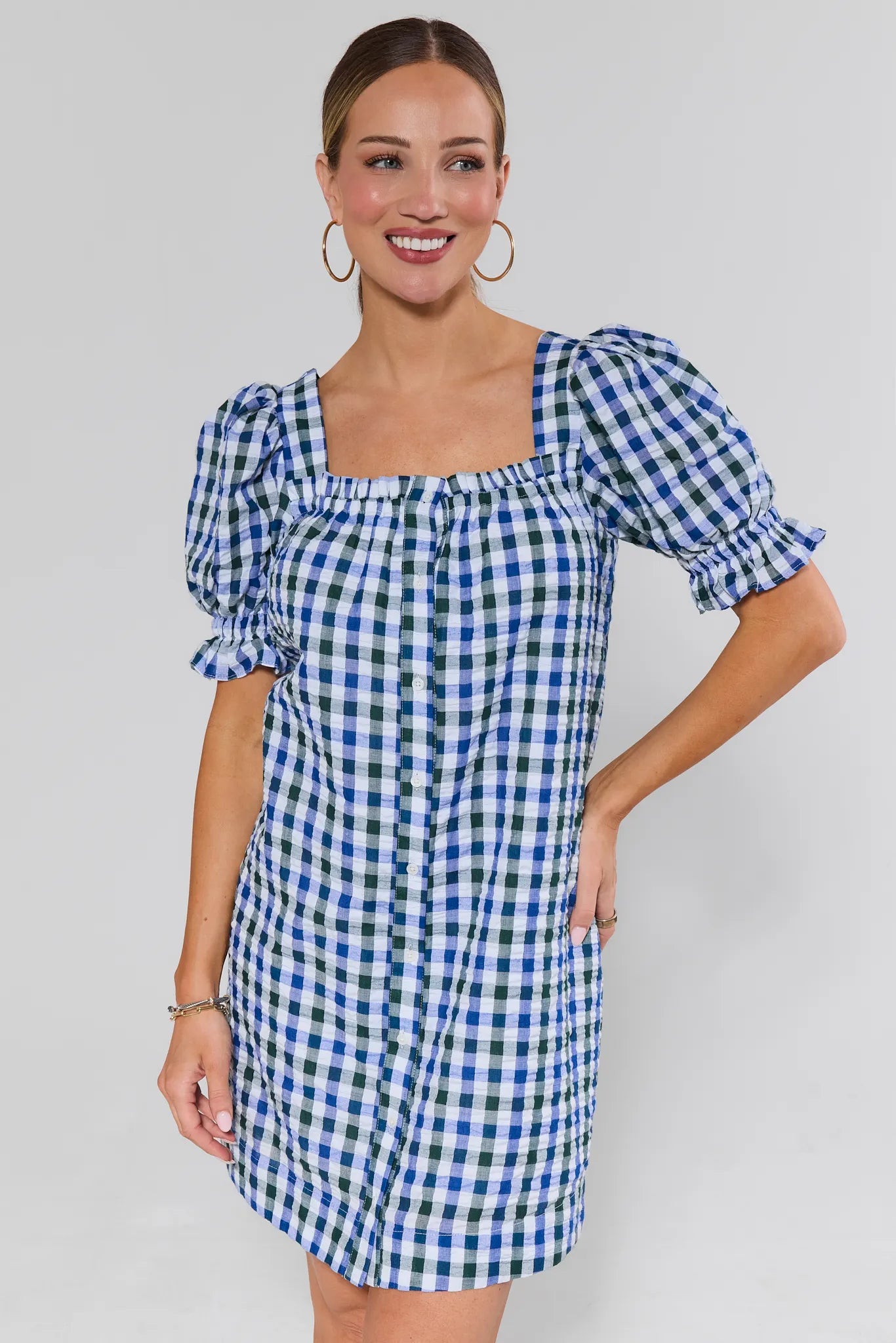 Women's Navy Gingham Short Dress | Avara | Avara