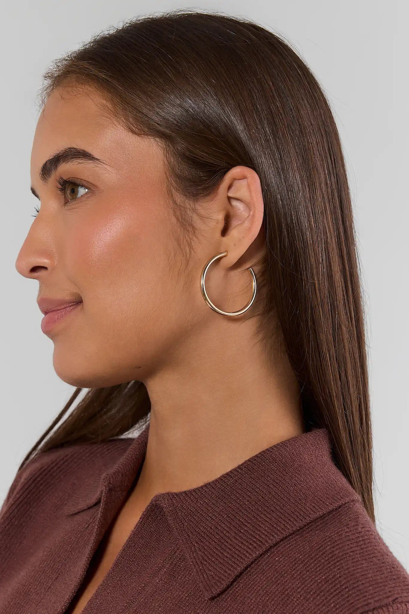 A close-up side profile of a woman with long dark brown hair wearing a thin, polished silver hoop earring. She is wearing a textured, muted mauve-brown top against a solid light gray background.