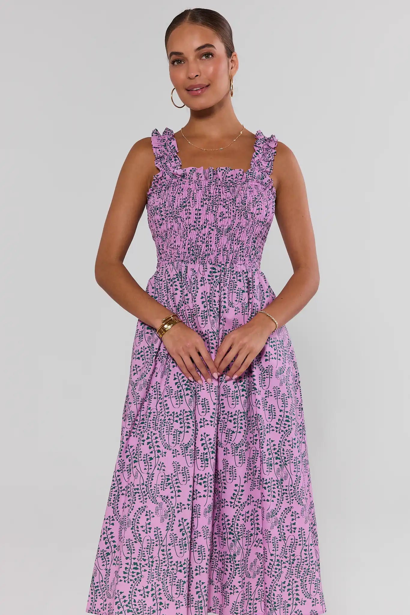 Pink Printed Smocked Midi Dress Pink Printed Smocked Midi Dress
