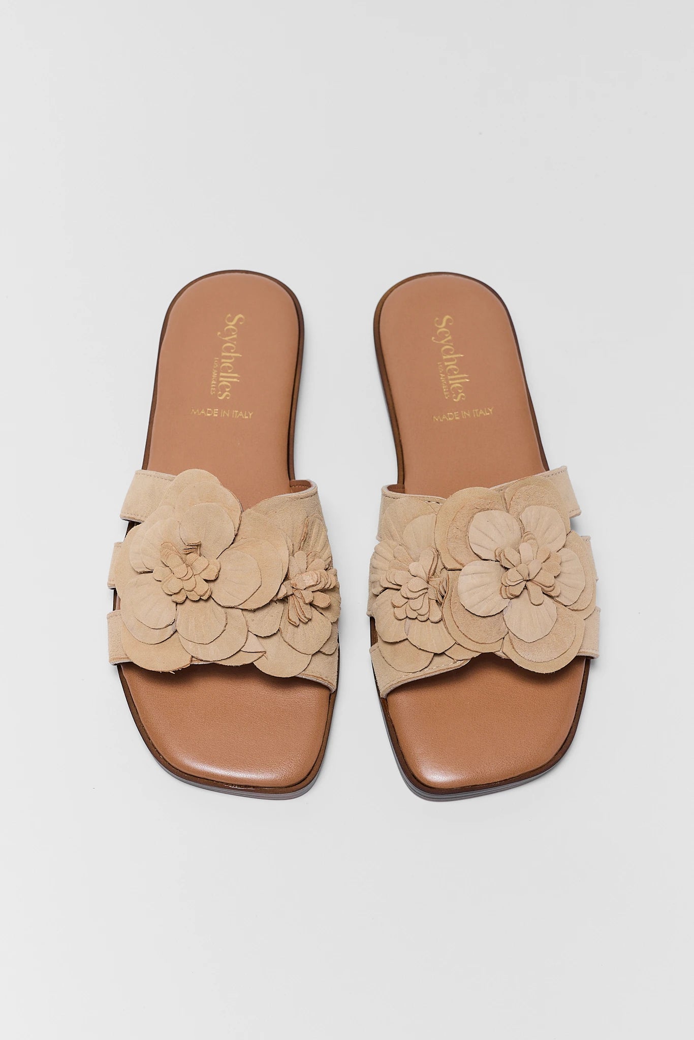 Pair of two beige sandals with floral designs on a white background