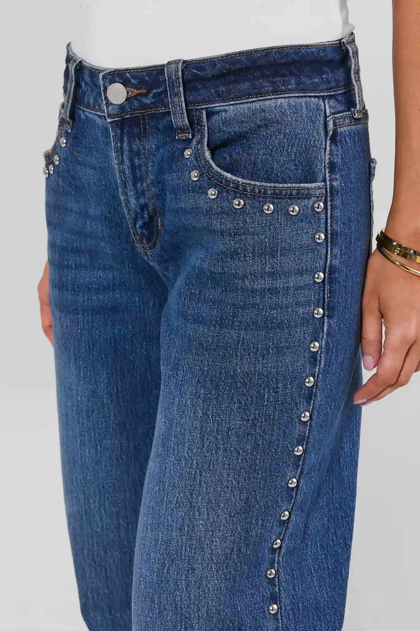 Medium Wash Straight Leg Studded Jeans