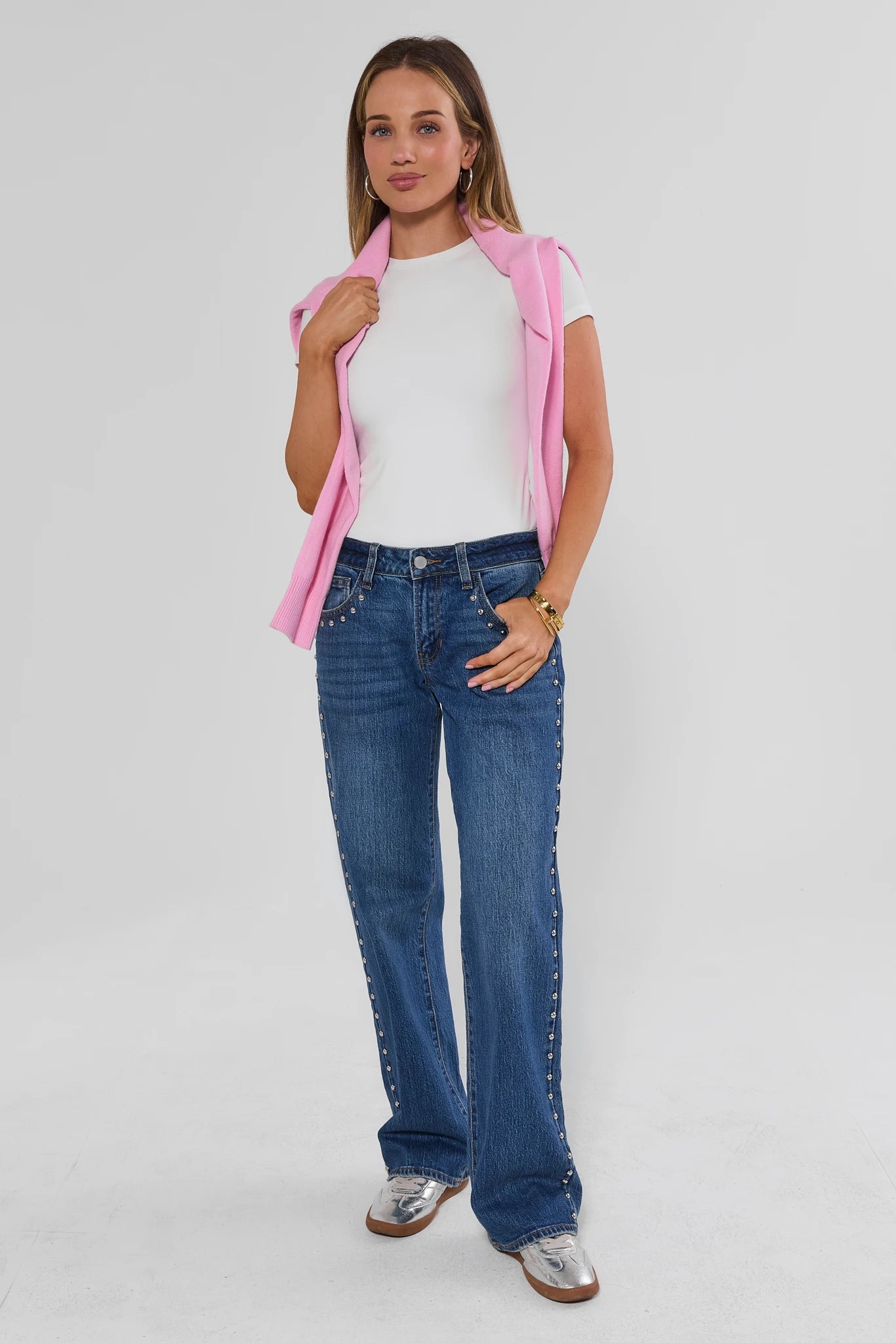 Medium Wash Straight Leg Studded Jeans