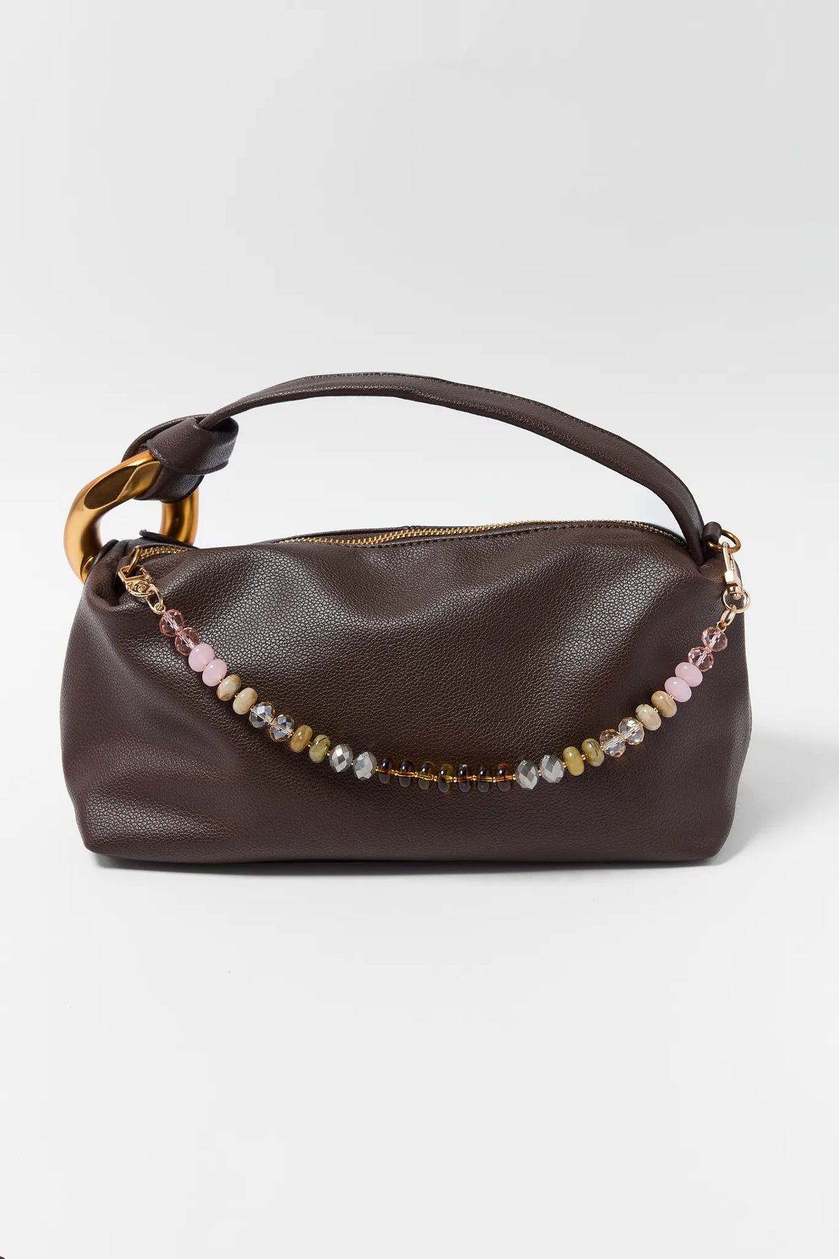 Pink Multi Natural Stone Bag Charm Styled on Brown Handbag - Side View | Avara