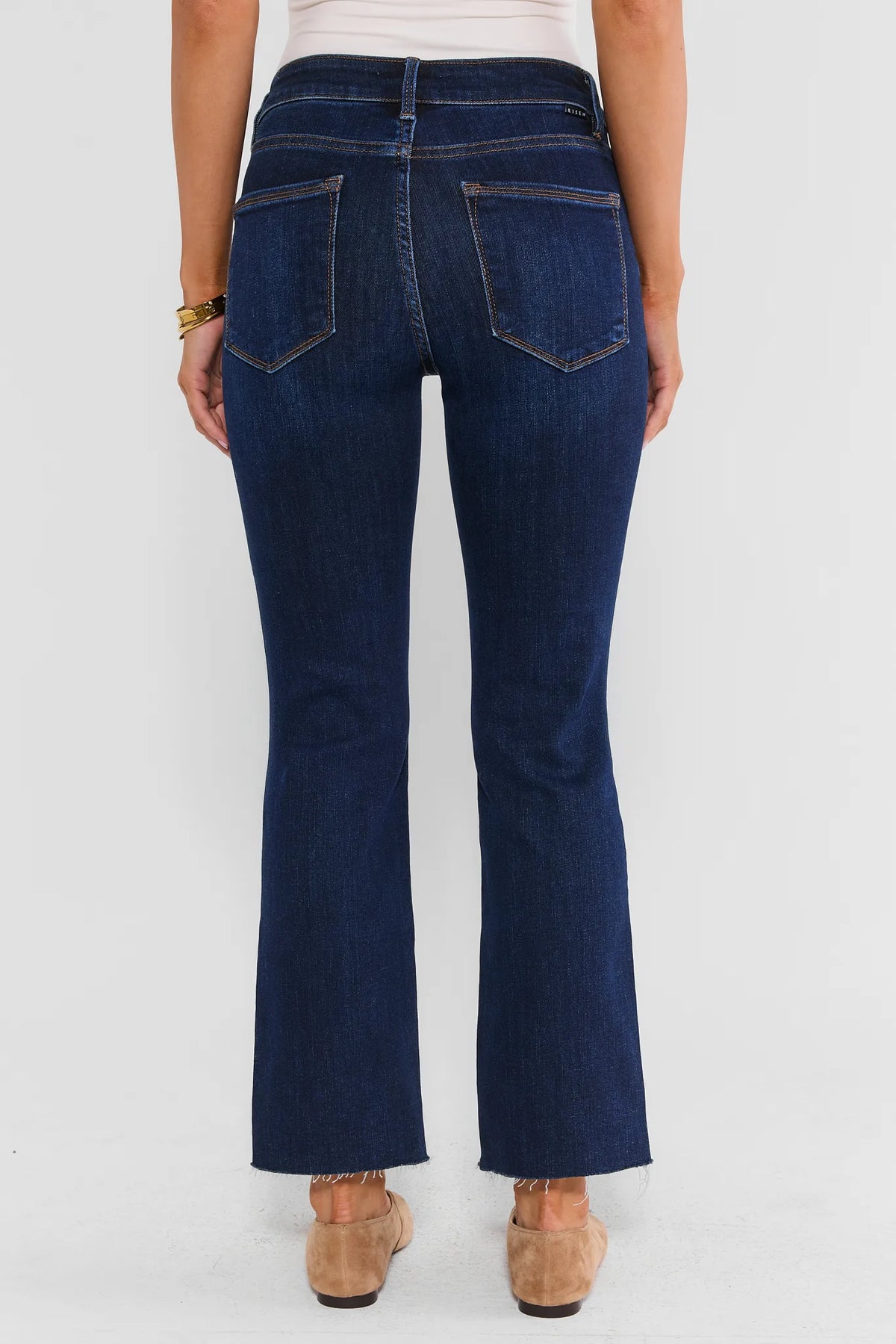 Dark Wash Kick Flare Jeans - Back View Showing Flare Silhouette & Raw Hem | Avara