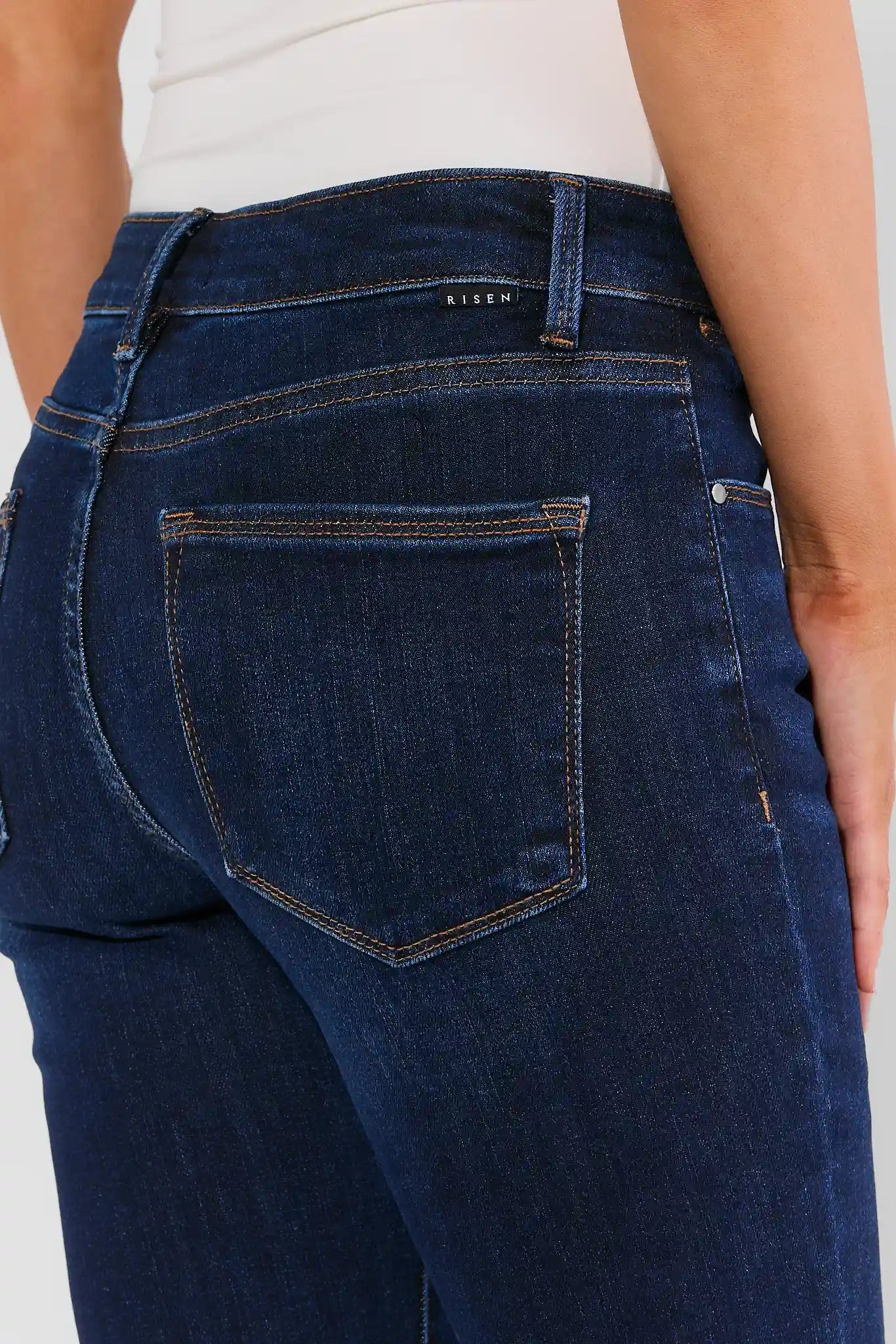 Becca Dark Wash Cropped Jeans - Back Pocket & Risen Brand Label Close-Up | Avara