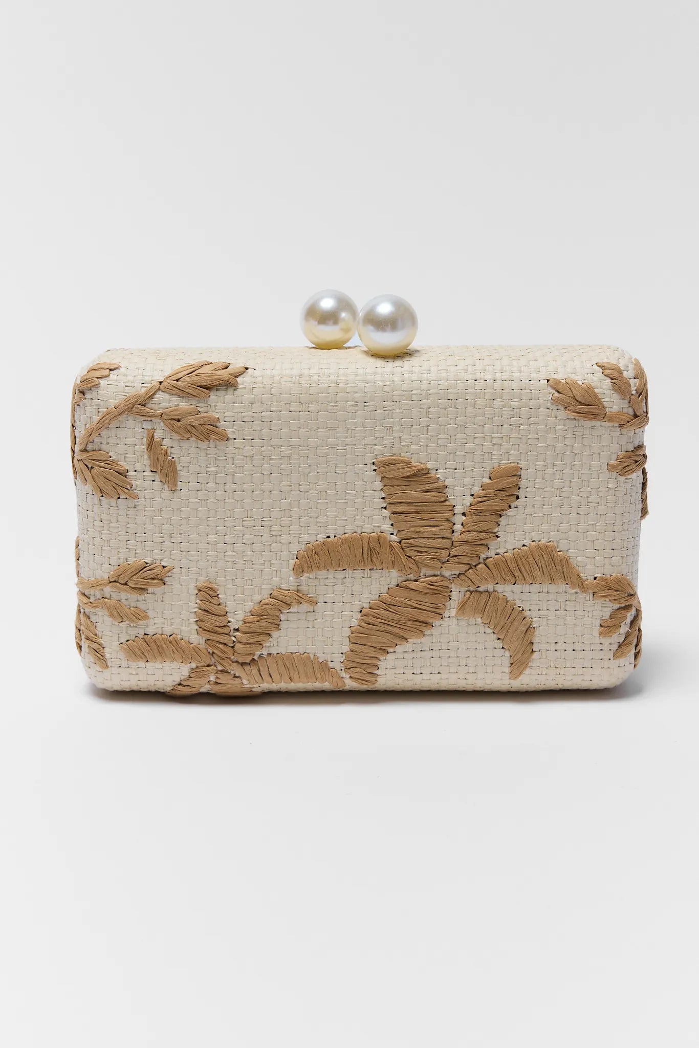 Beige clutch bag with floral embroidery on a white background
