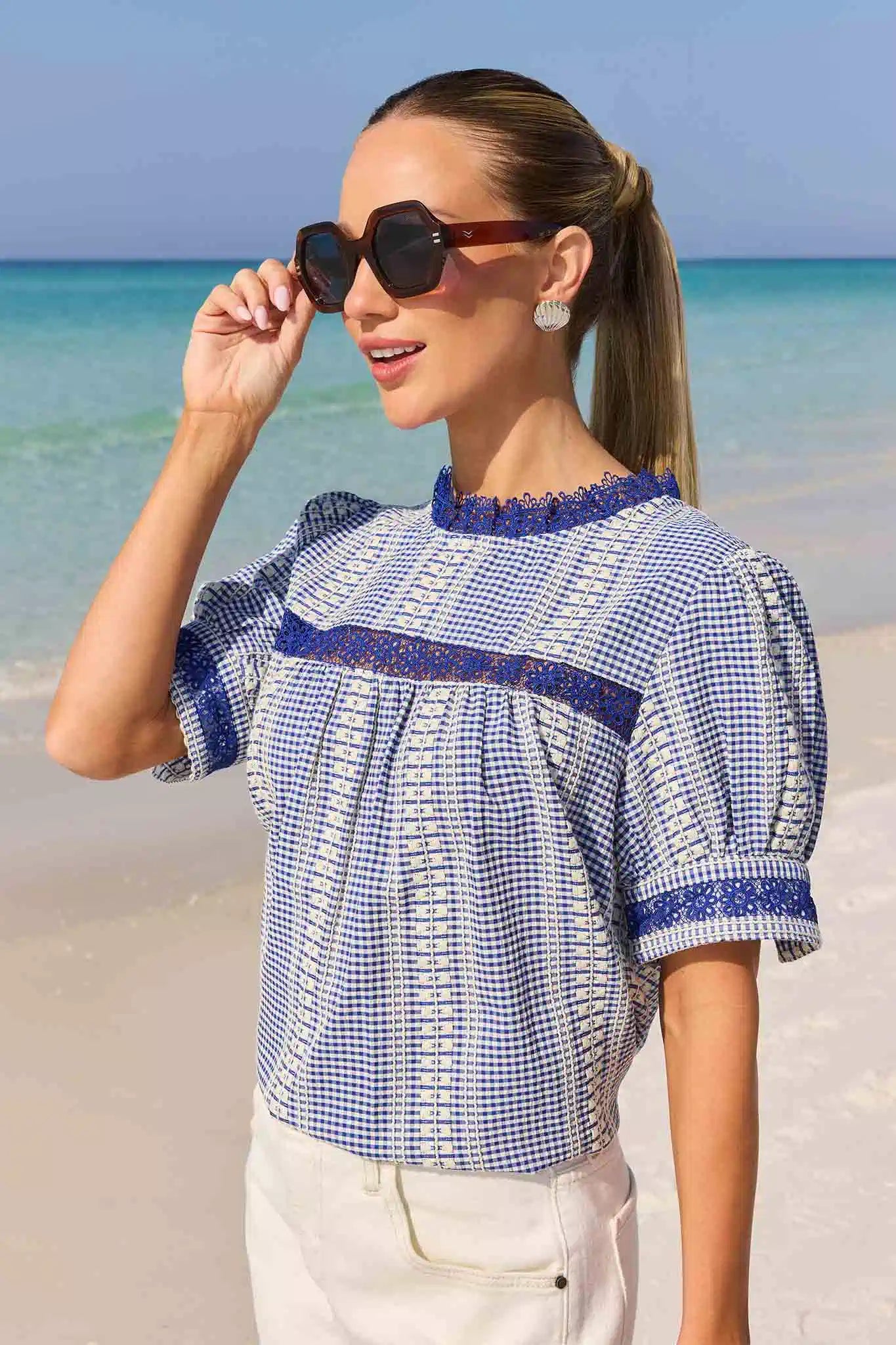 Sadie Blue Striped Lace Detail Top | Avara